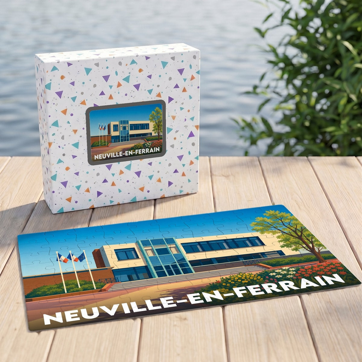 Puzzle souvenir de la ville de Neuville-en-Ferrain avec une illustration stylisée de son hôtel de ville.