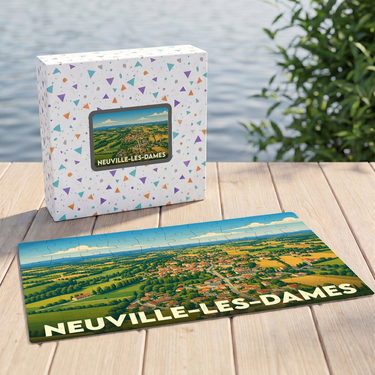 Puzzle souvenir de la ville de Neuville-les-Dames présentant une illustration panoramique et colorée de la commune.