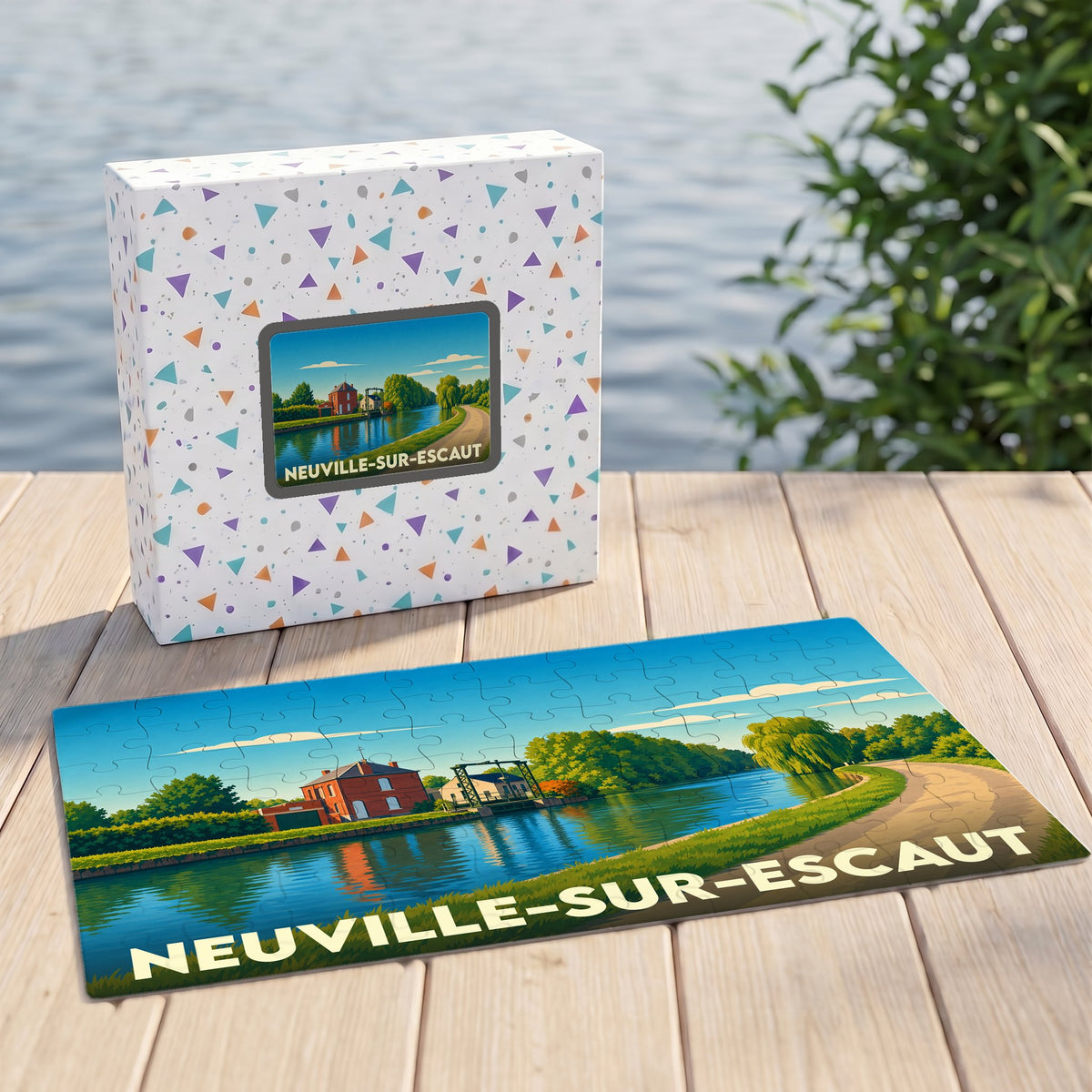 Puzzle souvenir de la ville de Neuville-sur-Escaut avec une illustration stylisée d'un paysage fluvial.