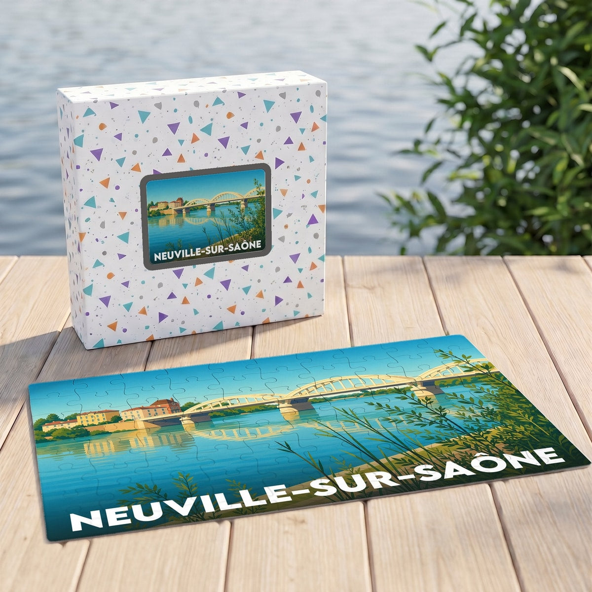 Puzzle souvenir de la ville de Neuville-sur-Saône avec une illustration stylisée d'un pont enjambant la rivière.