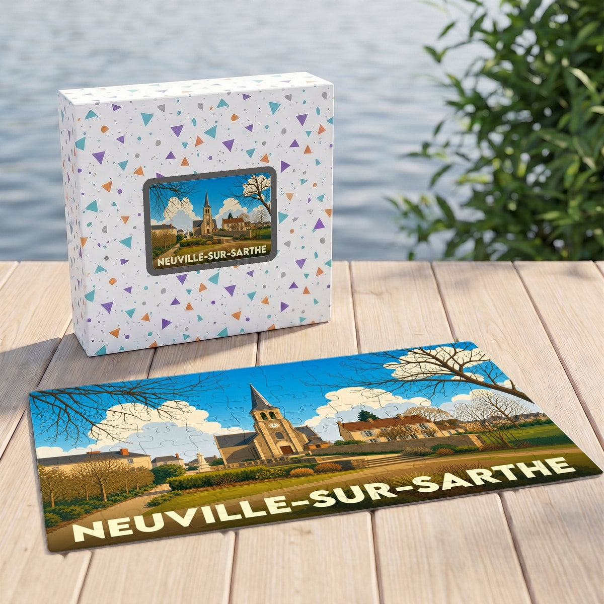 Puzzle souvenir de la ville de Neuville-sur-Sarthe avec une illustration stylisée.