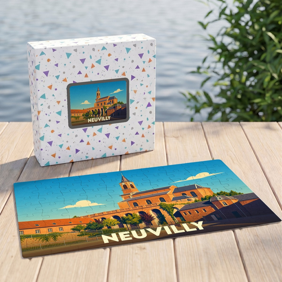 Puzzle souvenir de la ville de Neuvilly avec une illustration stylisée.
