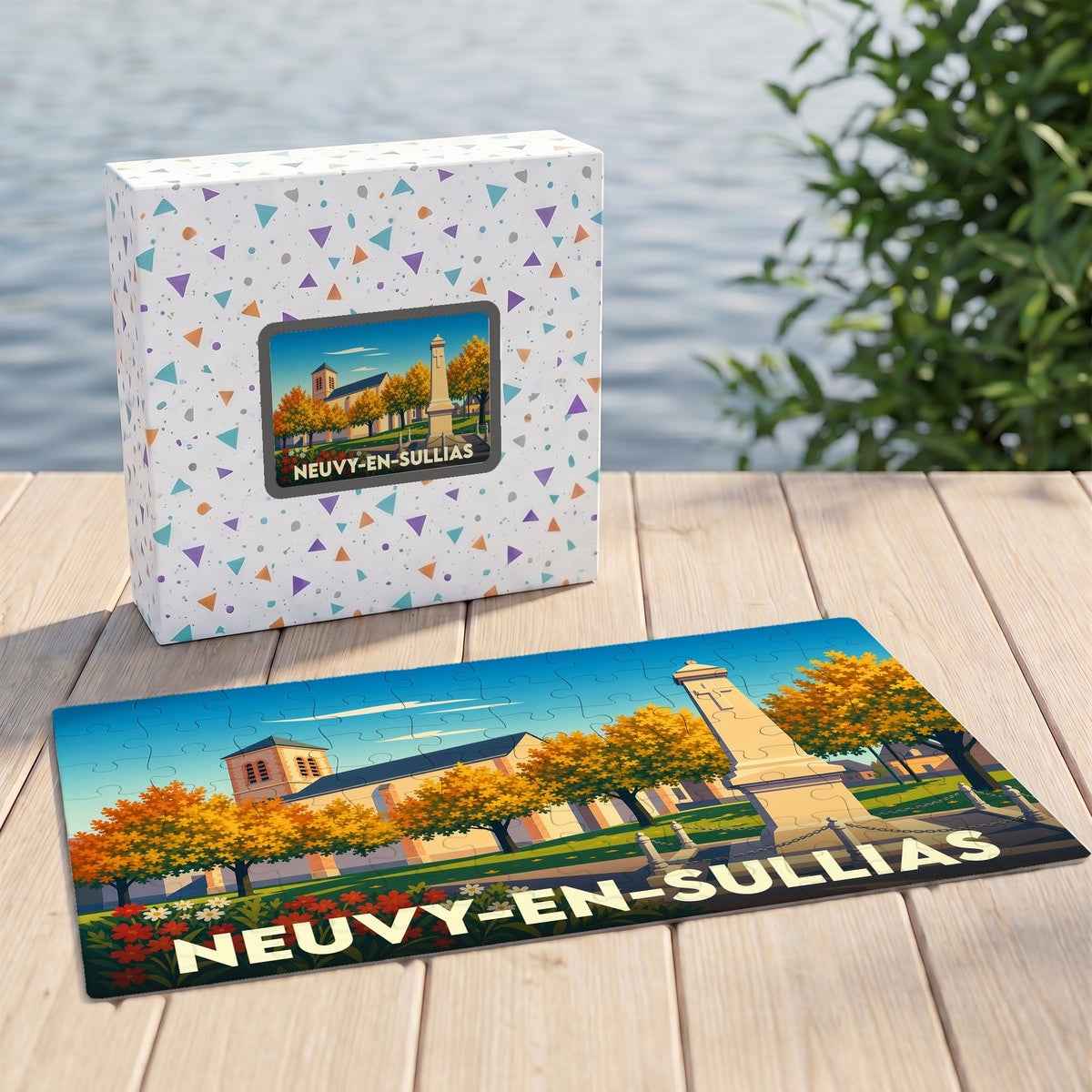 Puzzle souvenir de la ville de Neuvy-en-Sullias avec une illustration stylisée et colorée.