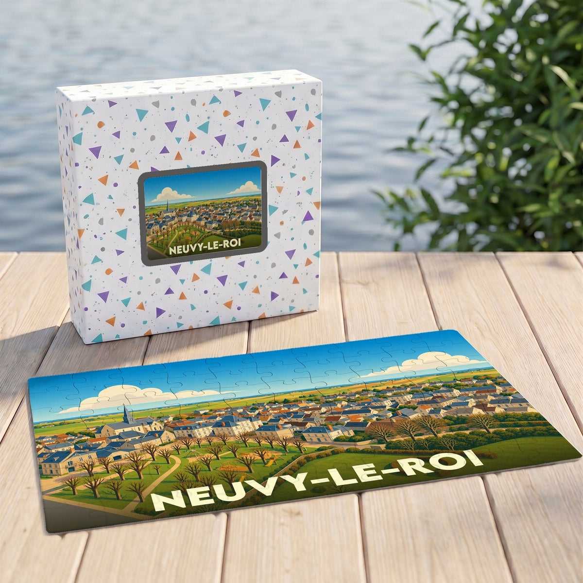 Puzzle souvenir de la ville de Neuvy-le-Roi avec une illustration panoramique stylisée.