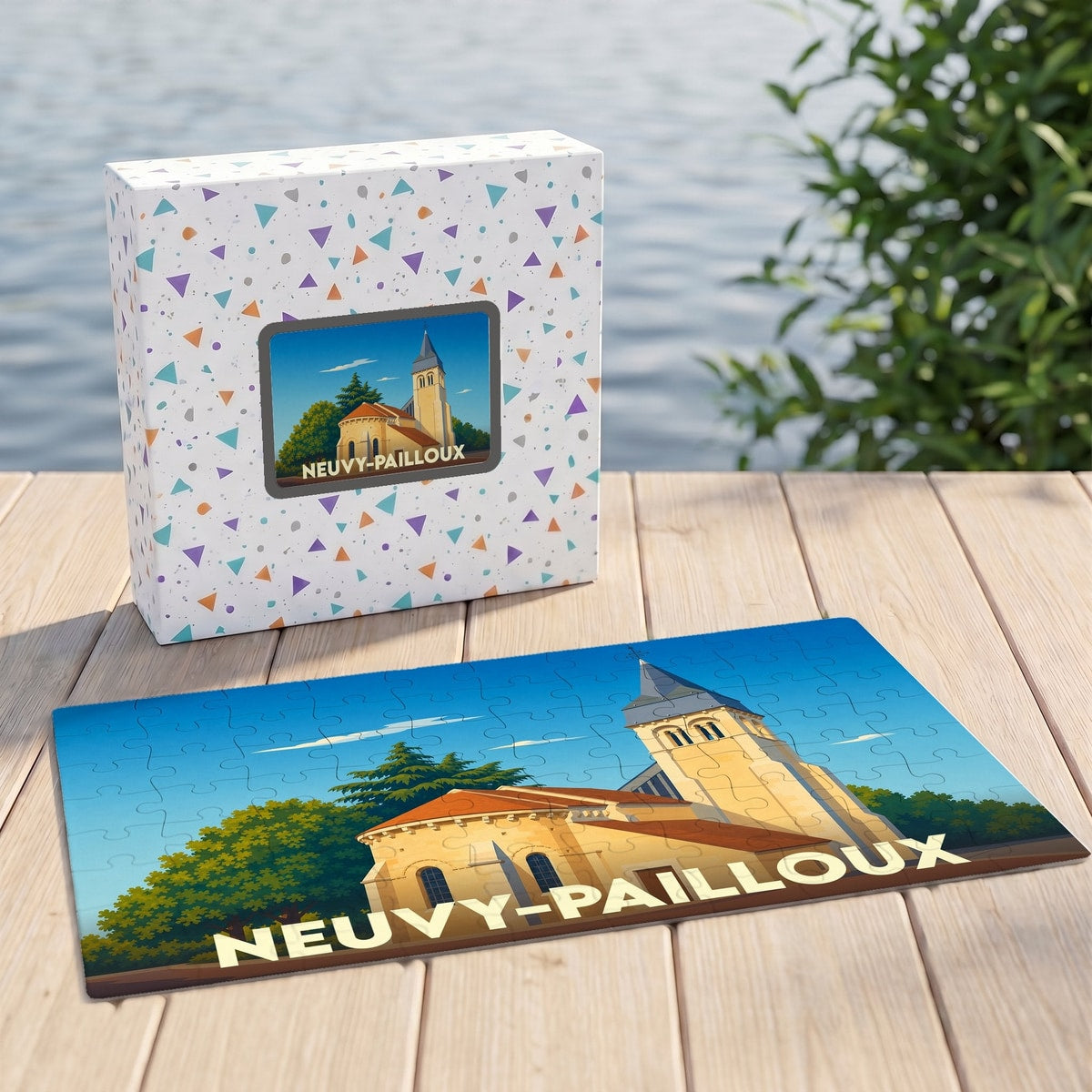 Puzzle souvenir de la ville de Neuvy-Pailloux avec une illustration stylisée d'une église sur sa boîte assortie.