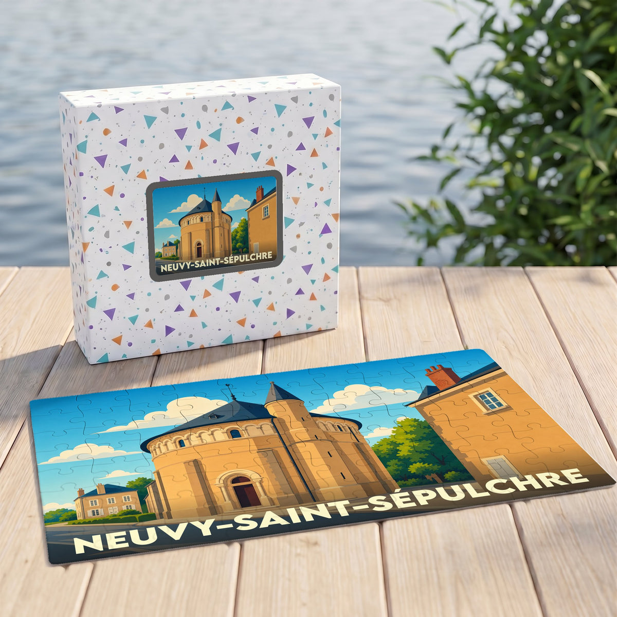 Puzzle souvenir de la ville de Neuvy-Saint-Sépulchre avec une illustration stylisée de son église romane.