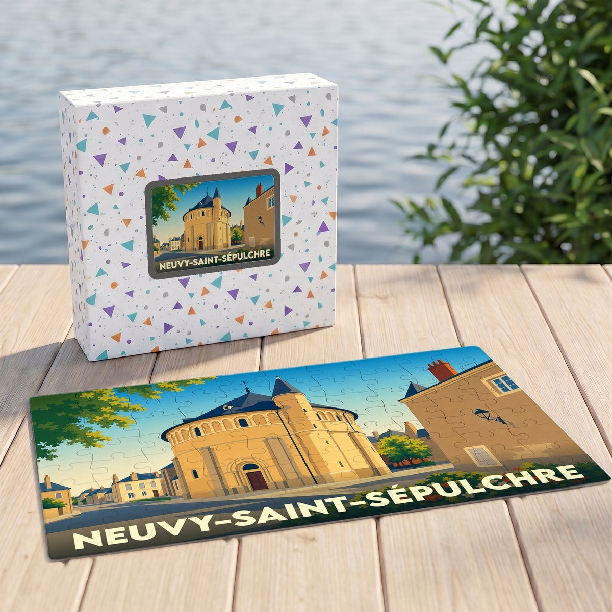 Puzzle souvenir de la ville de Neuvy-Saint-Sépulchre avec une illustration stylisée de son église circulaire.