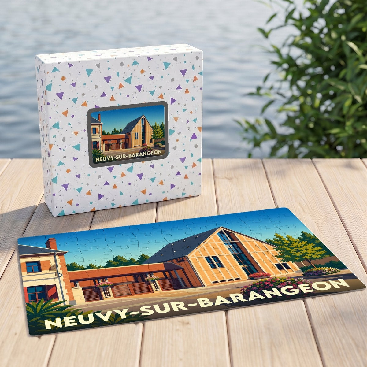 Puzzle souvenir de la ville de Neuvy-sur-Barangeon avec une illustration stylisée de son architecture locale.