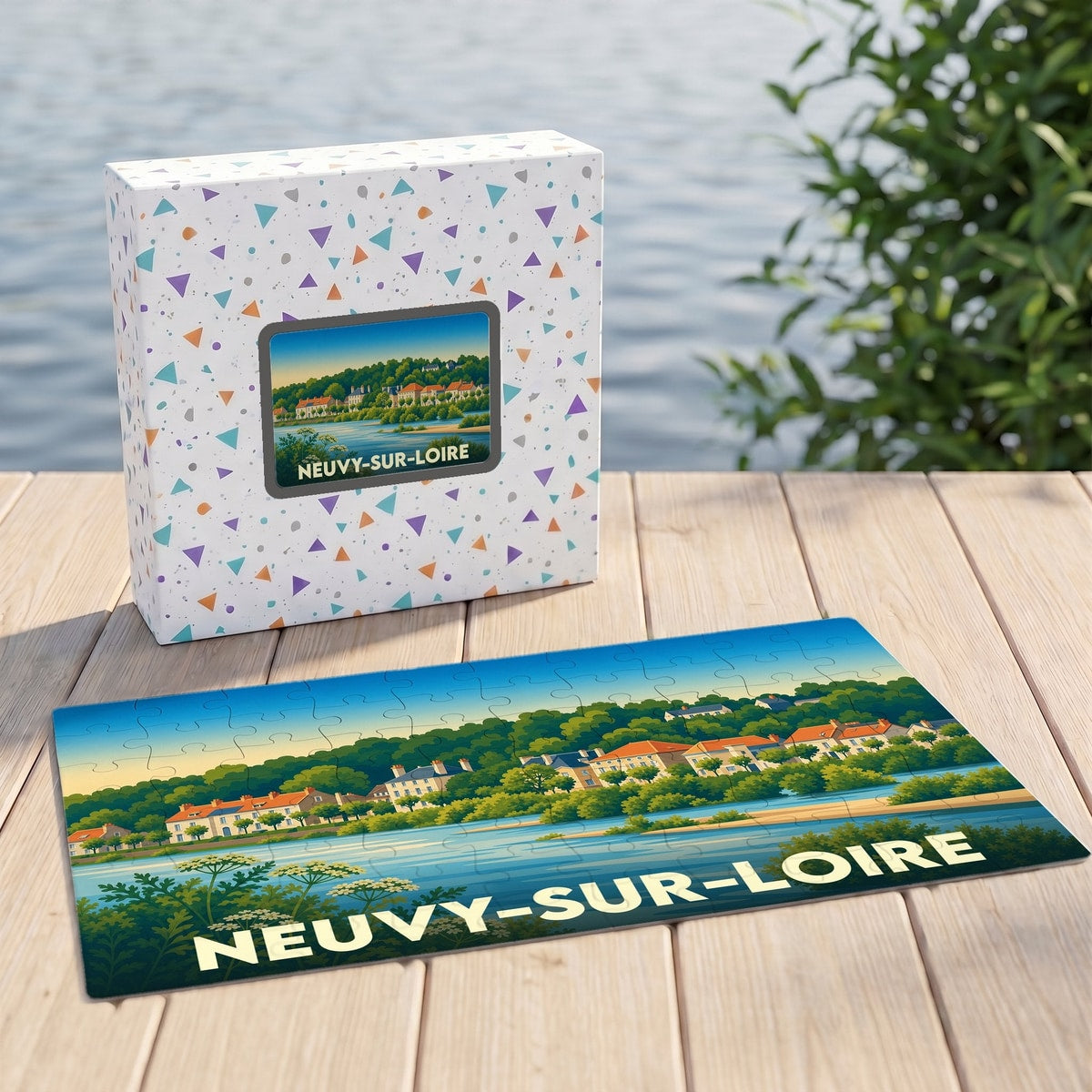 Puzzle souvenir de la ville de Neuvy-sur-Loire illustrant un paysage de bord de rivière stylisé.