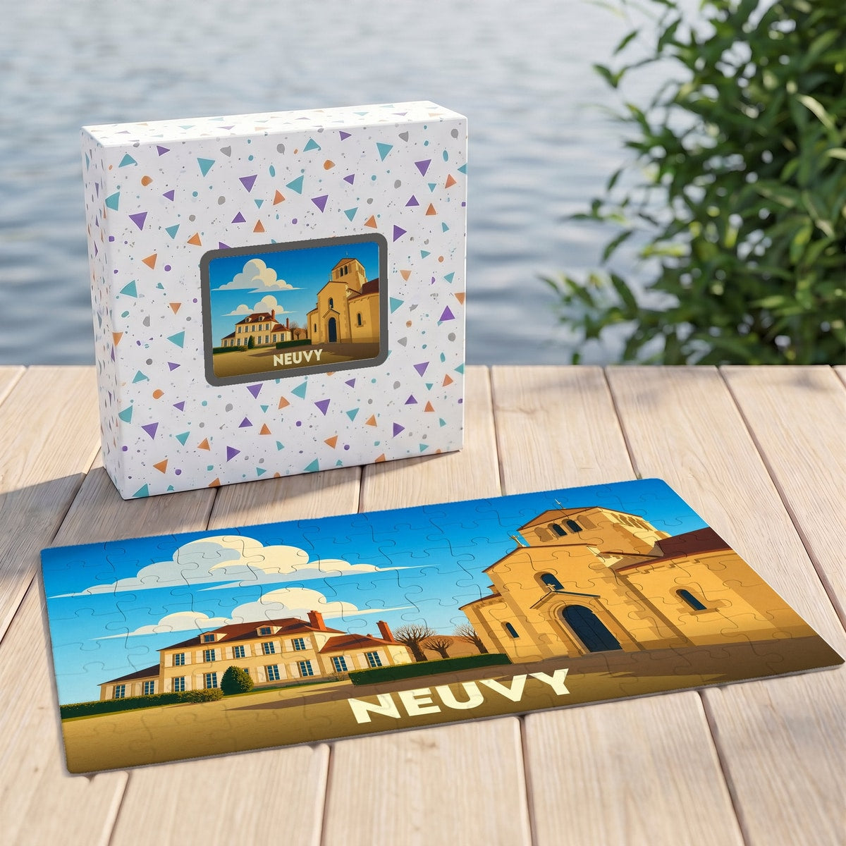 Puzzle souvenir de la ville de Neuvy avec une illustration stylisée d'un manoir et d'une église.