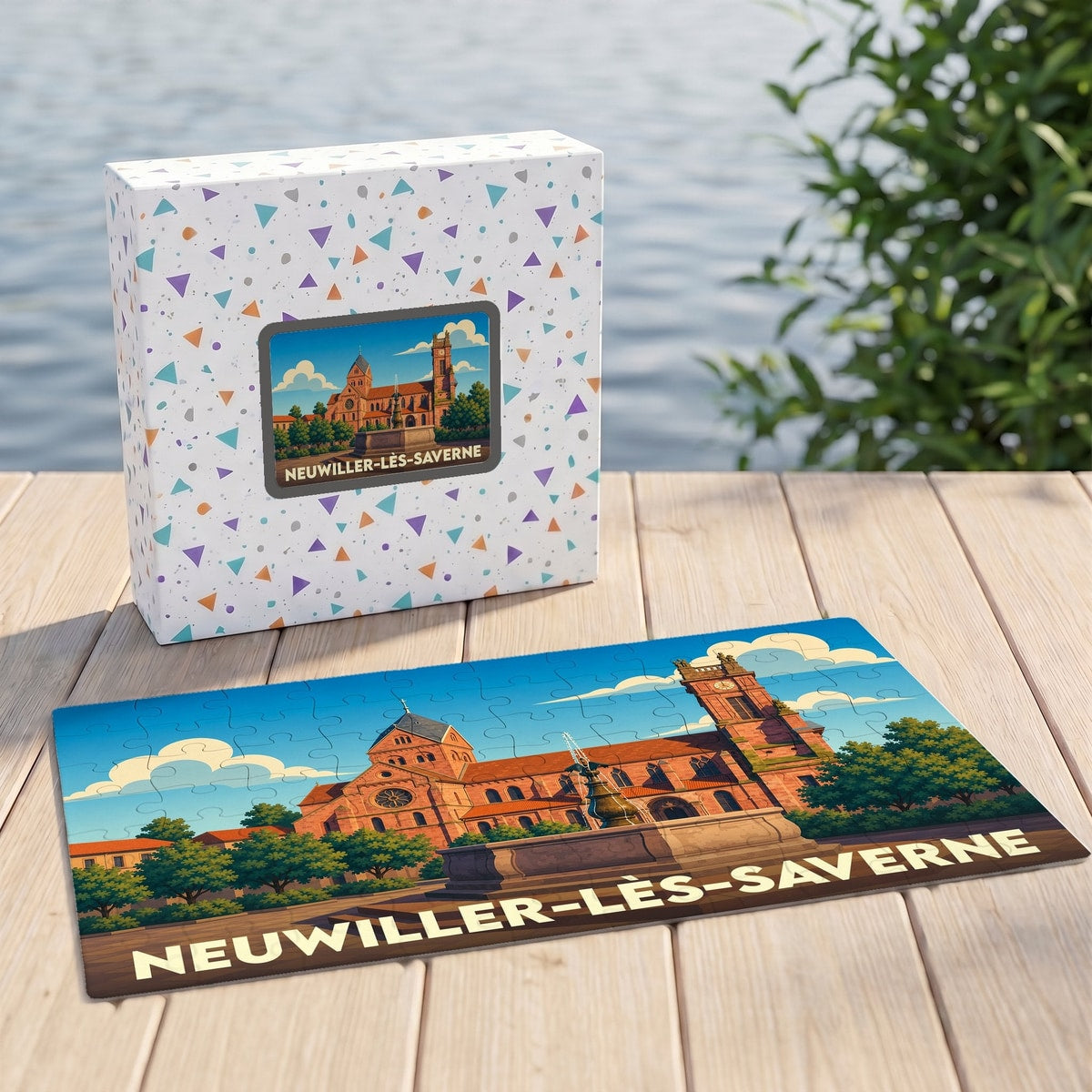 Puzzle souvenir de la ville de Neuwiller-lès-Saverne avec une illustration stylisée de son abbatiale.