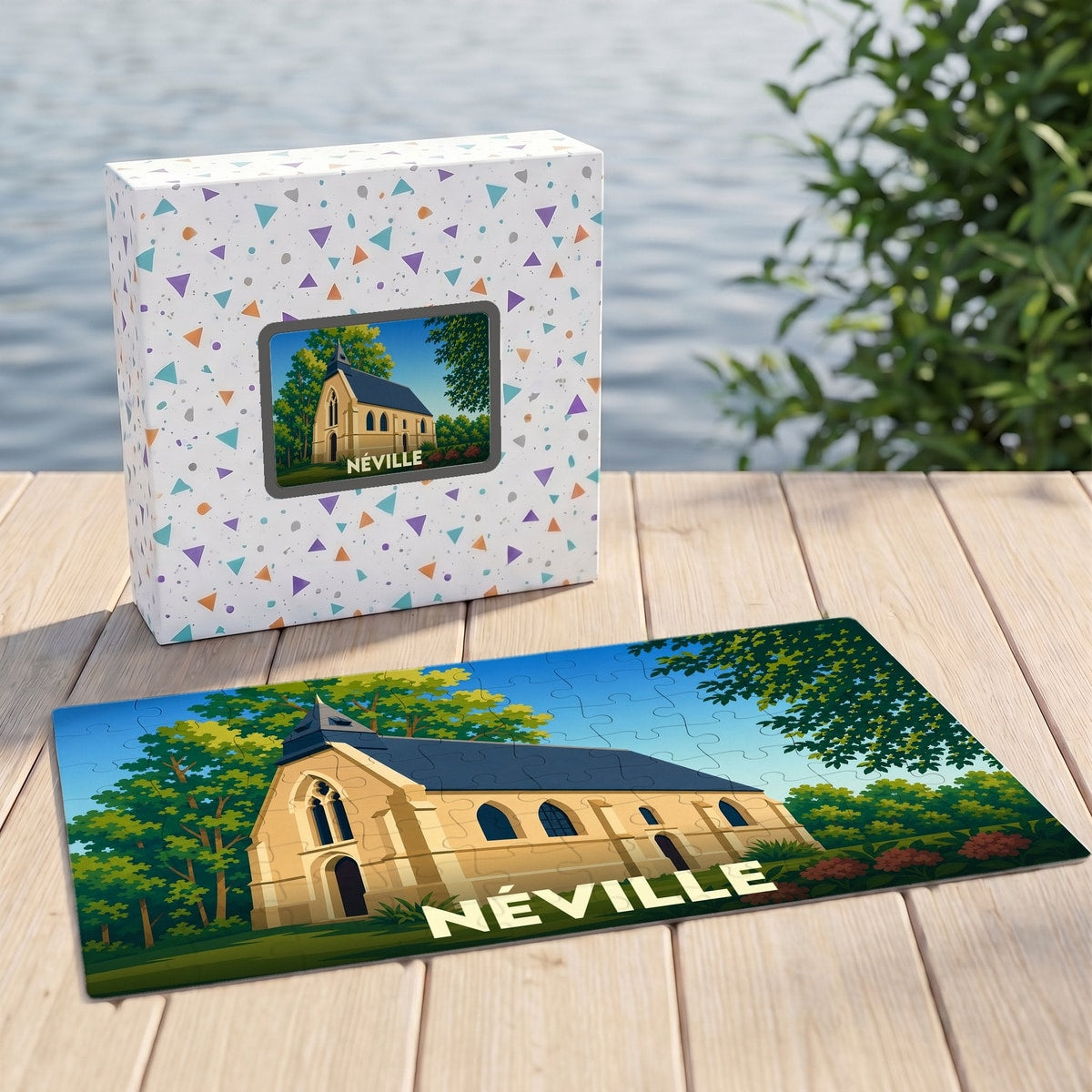 Puzzle souvenir de la ville de Néville avec une illustration stylisée de son église.