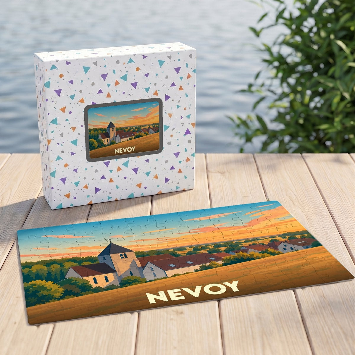 Puzzle souvenir de la ville de Nevoy avec une illustration stylisée de son paysage urbain au coucher du soleil.