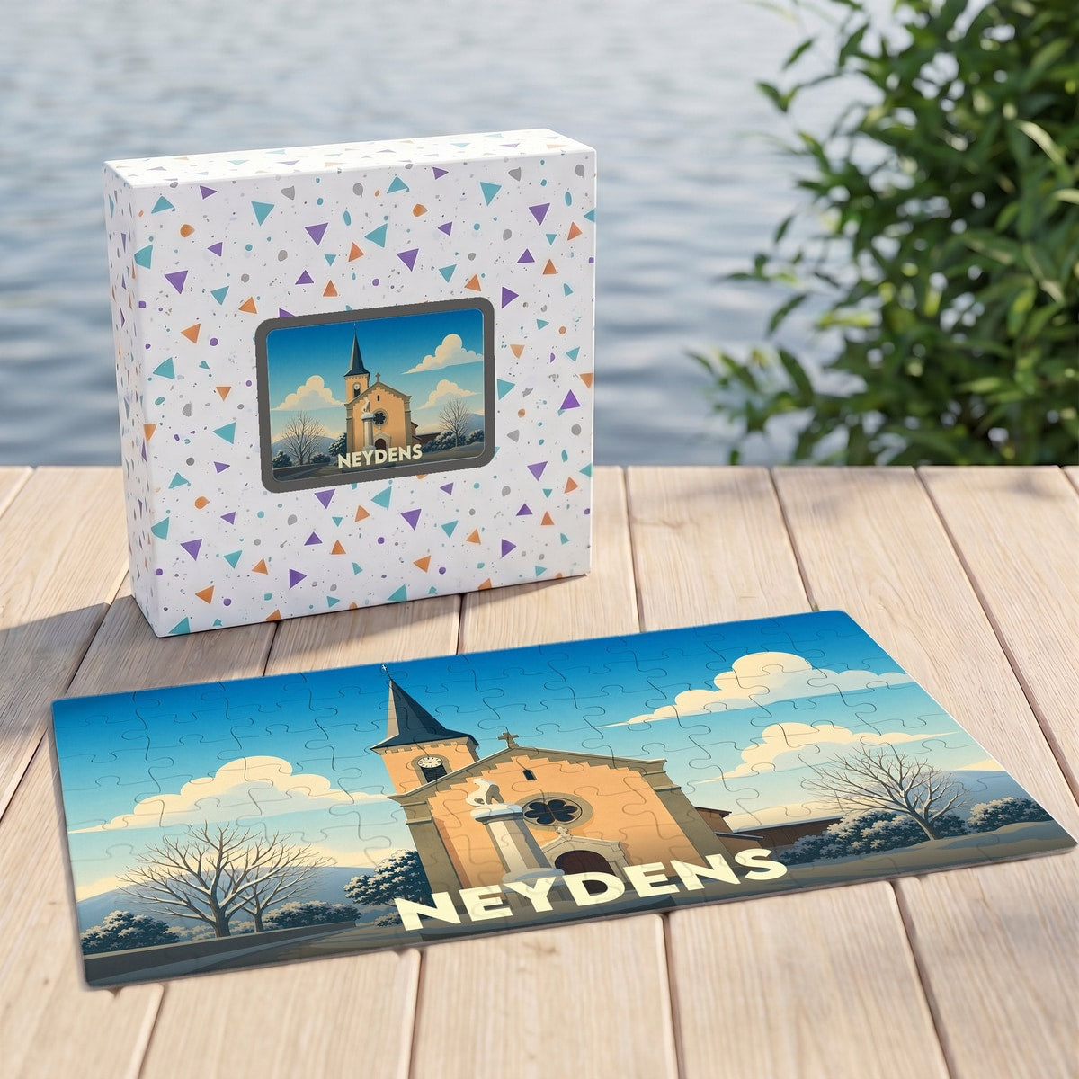 Puzzle souvenir de la ville de Neydens avec une illustration stylisée de son église.