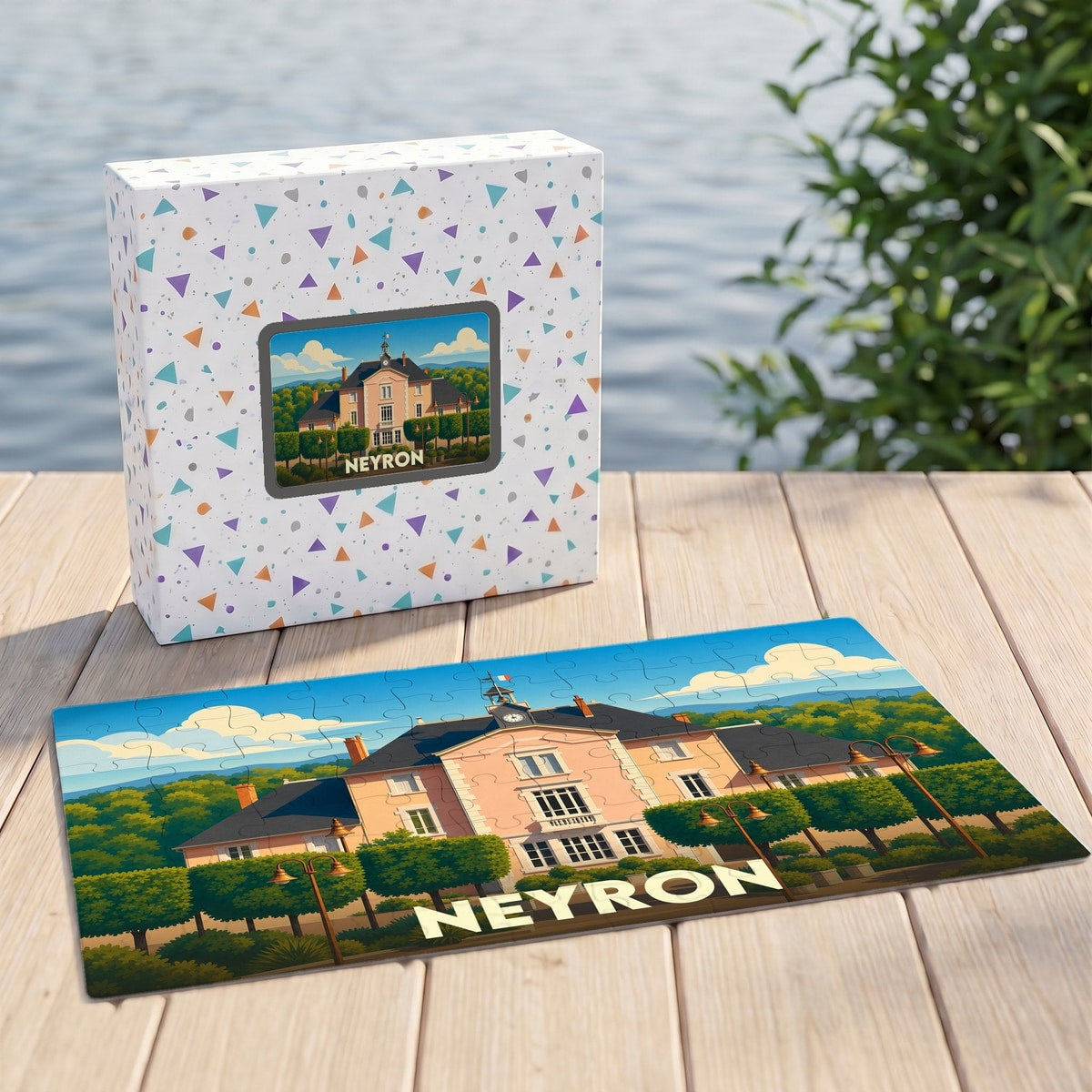 Puzzle souvenir de la ville de Neyron avec une illustration colorée de son patrimoine.