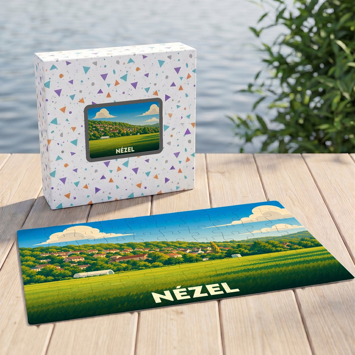 Puzzle souvenir de la ville de Nézel avec une illustration stylisée de son paysage champêtre.
