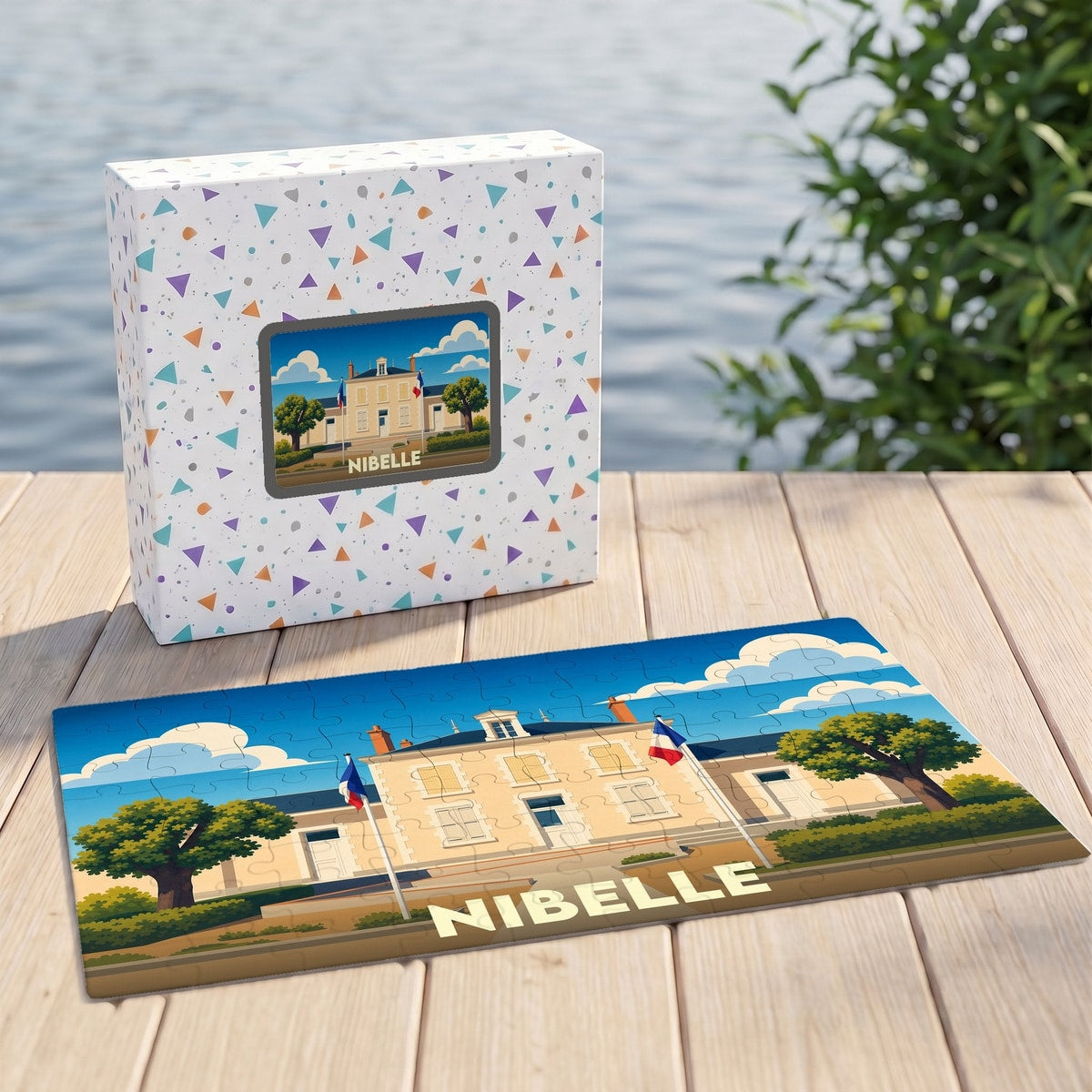 Puzzle souvenir de la ville de Nibelle avec une illustration stylisée de sa mairie.