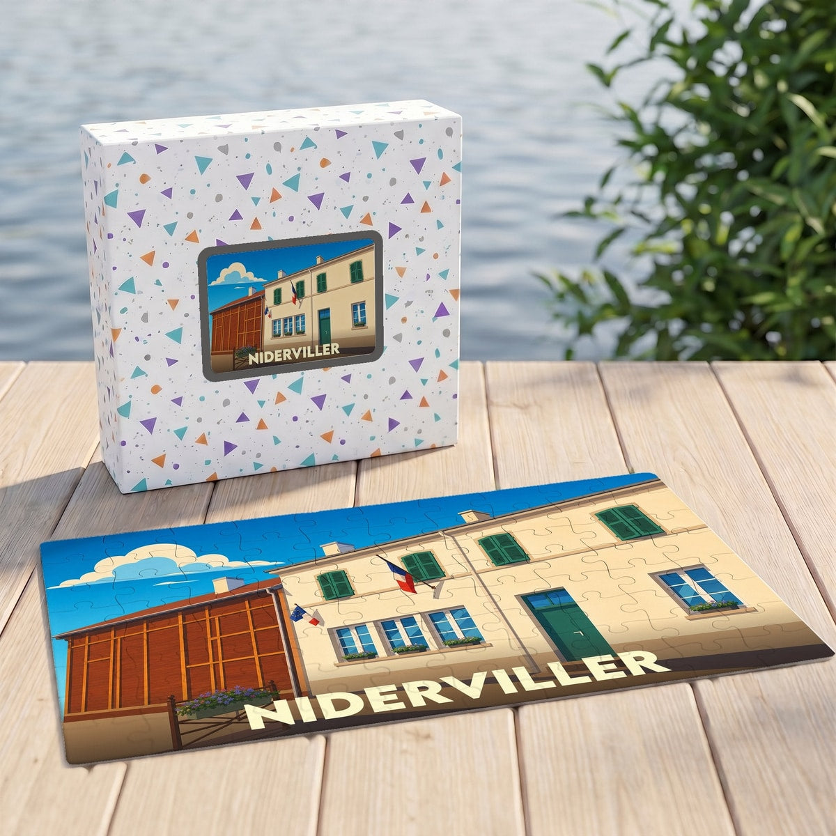 Puzzle souvenir de la ville de Niderviller avec une illustration stylisée d'un bâtiment typique.
