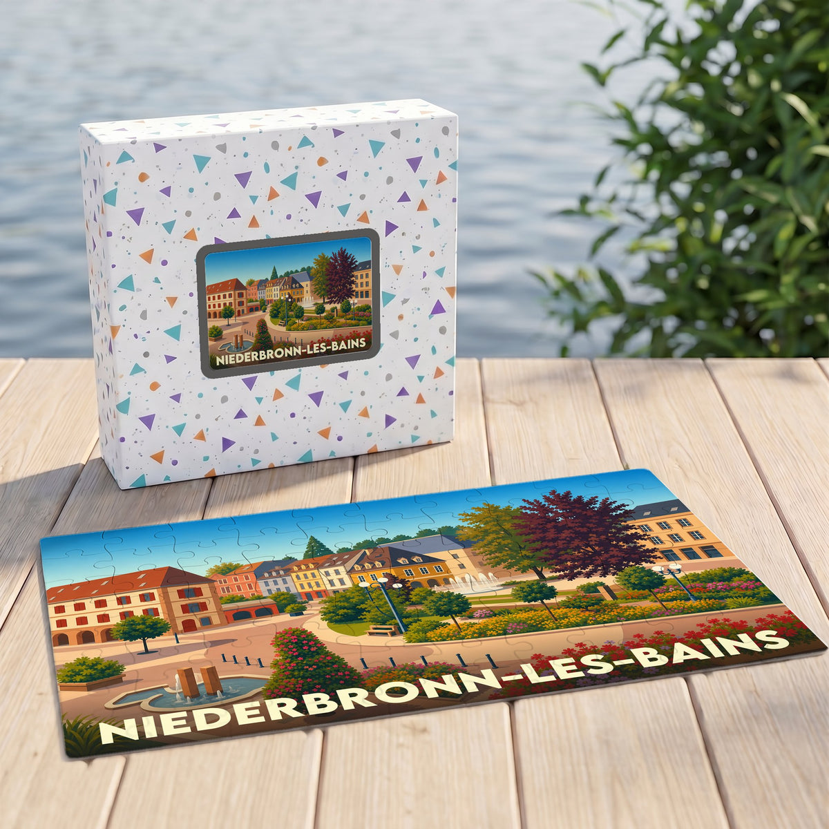 Puzzle souvenir de la ville de Niederbronn-les-Bains avec une illustration colorée et stylisée.