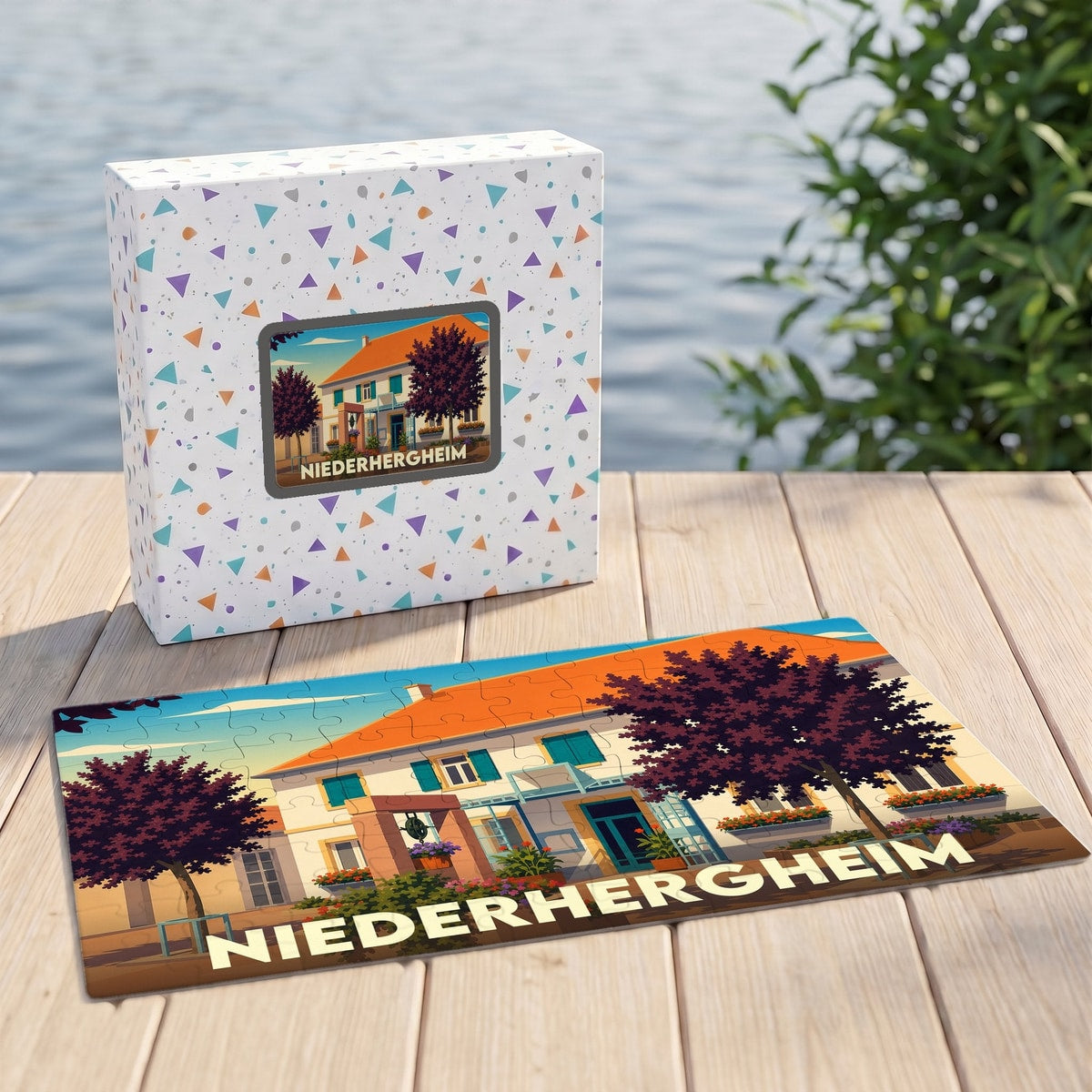 Puzzle souvenir de la ville de Niederhergheim avec une illustration stylisée d'une maison traditionnelle.