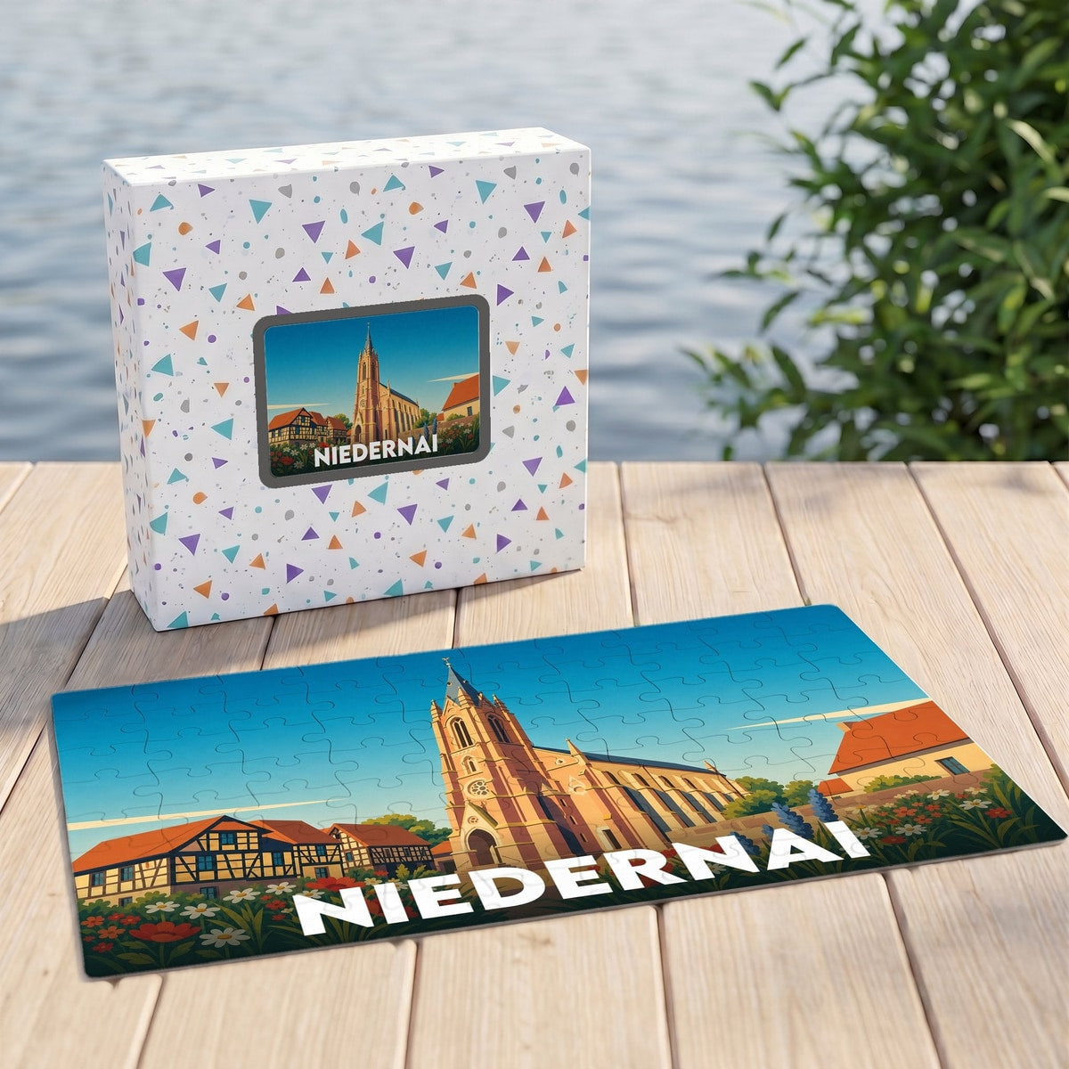 Puzzle souvenir de la ville de Niedernai avec une illustration stylisée de son église et de maisons à colombages.