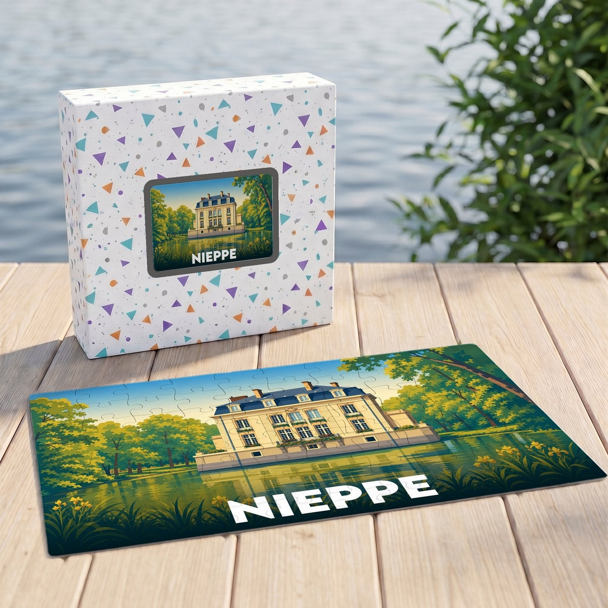 Puzzle souvenir de la ville de Nieppe avec une illustration stylisée d'un château au bord de l'eau.
