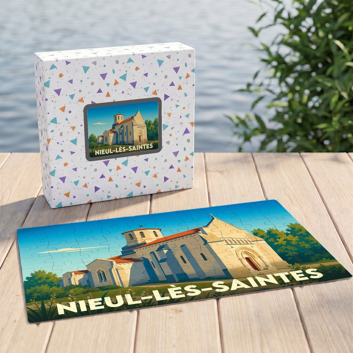 Puzzle souvenir de la ville de Nieul-lès-Saintes avec une illustration stylisée de son église romane.