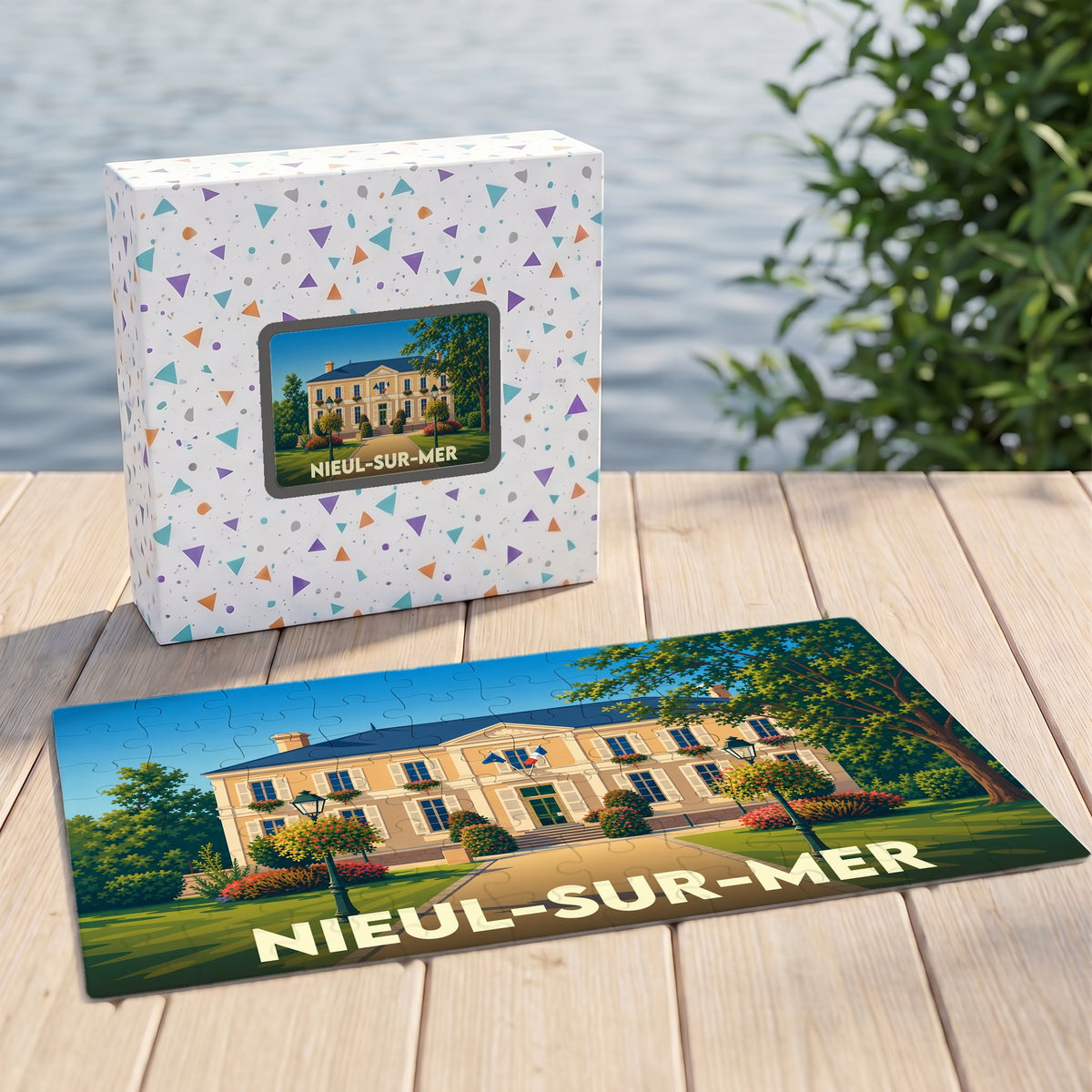 Puzzle souvenir de la ville de Nieul-sur-Mer avec une illustration stylisée d'un bâtiment historique.