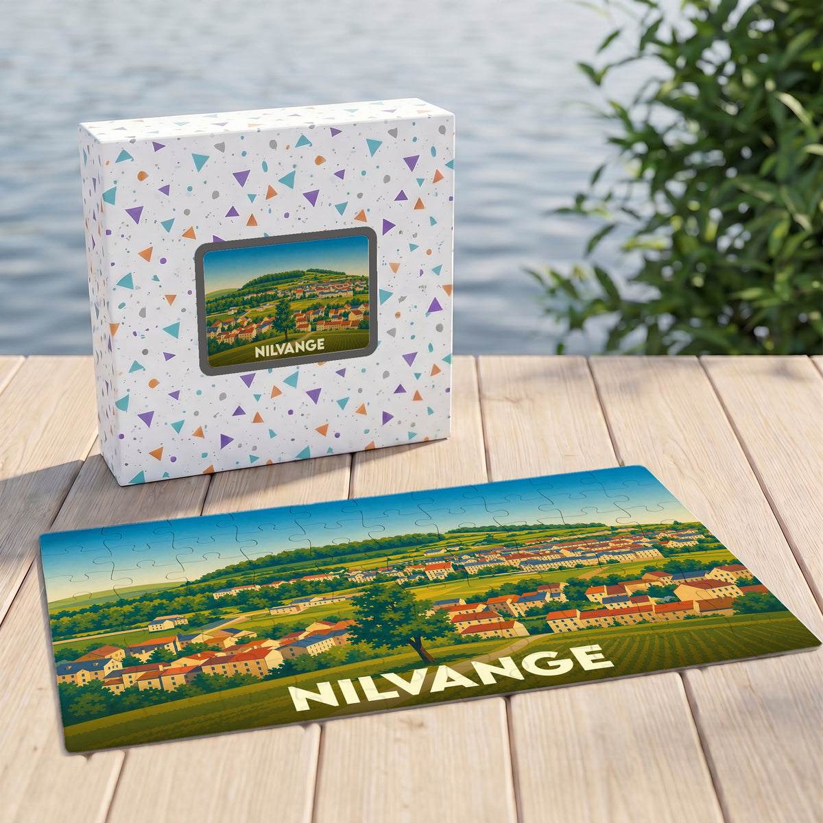 Puzzle souvenir de la ville de Nilvange avec une illustration panoramique stylisée.