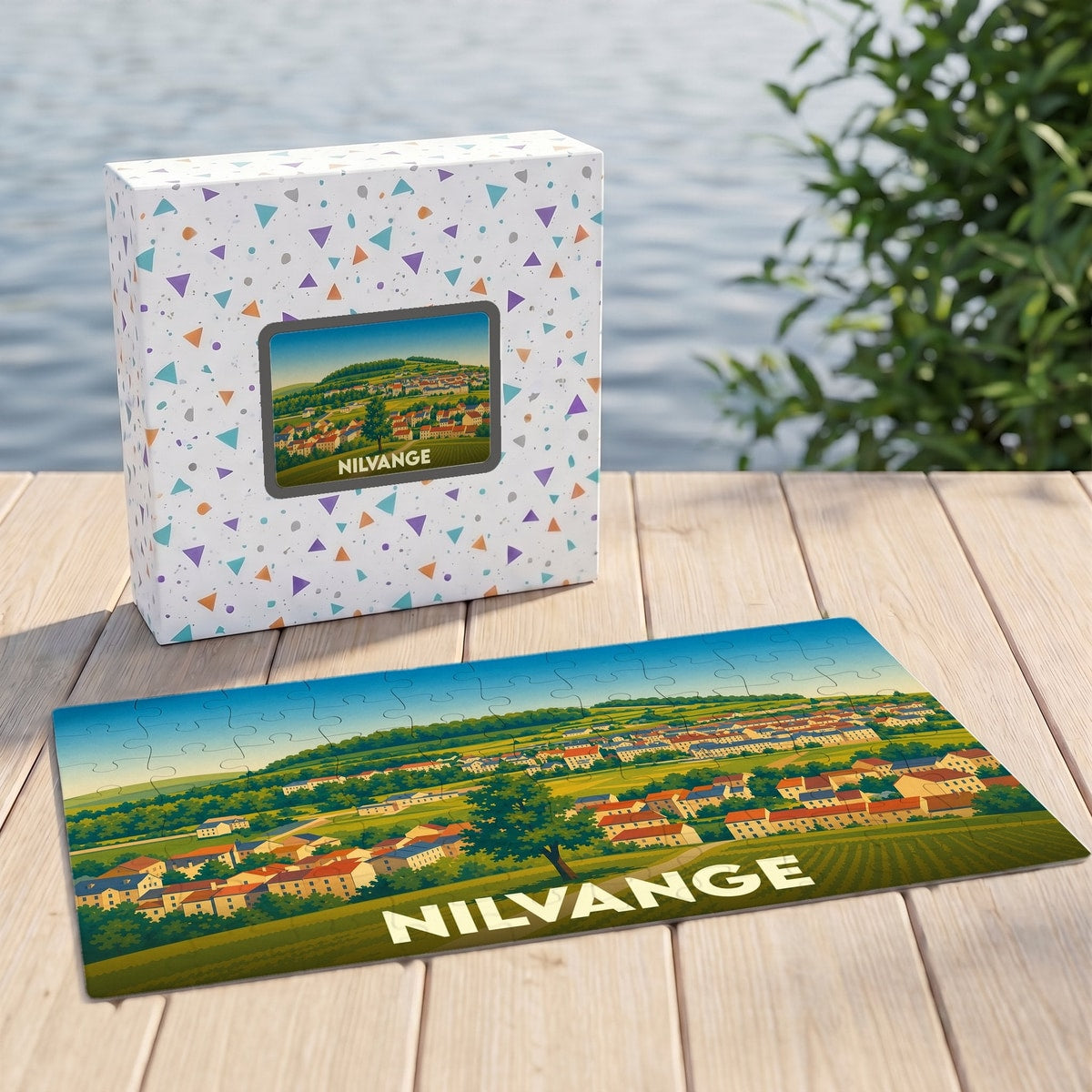 Puzzle souvenir de la ville de Nilvange avec une illustration stylisée de son paysage urbain.