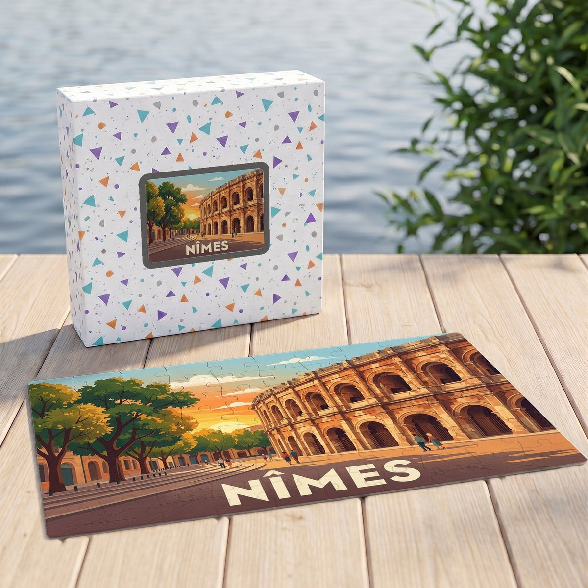 Puzzle souvenir de la ville de Nîmes avec une illustration stylisée des arènes au coucher du soleil.