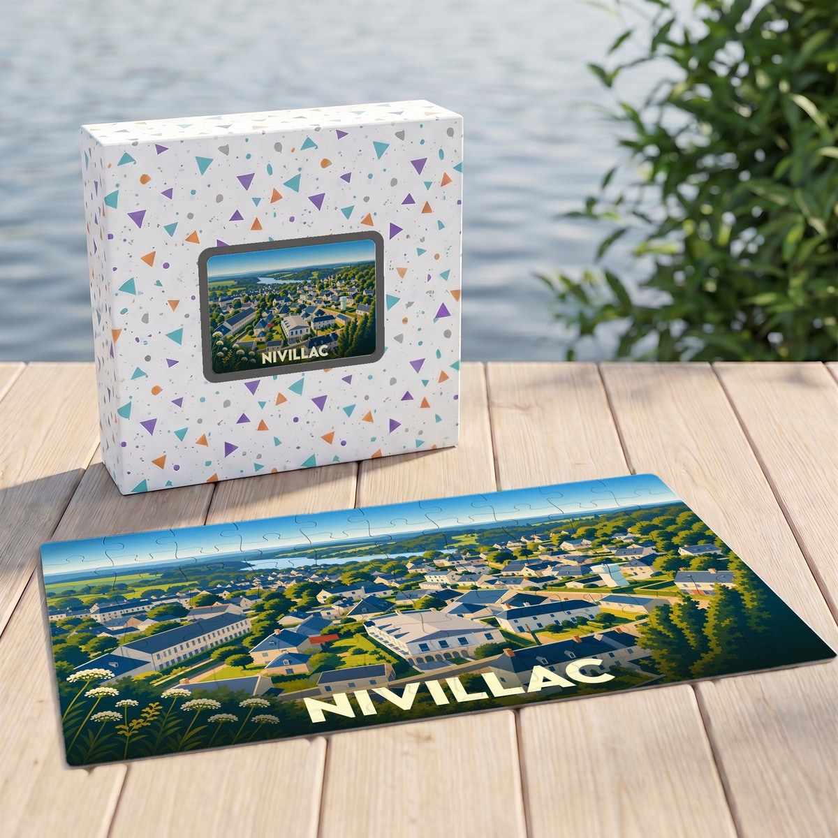 Puzzle souvenir de la ville de Nivillac avec une illustration paysagère stylisée.