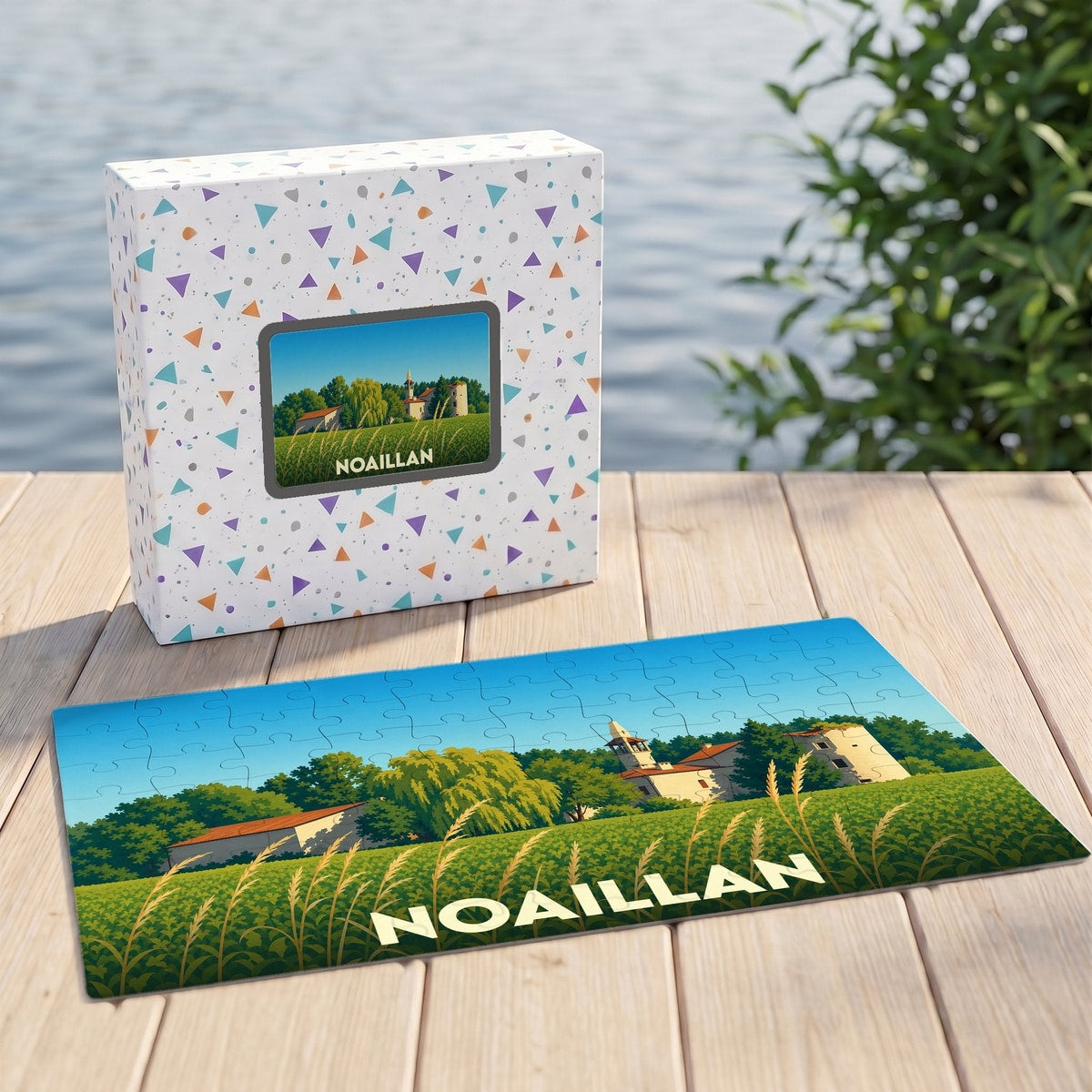Puzzle souvenir de la ville de Noaillan avec une illustration stylisée de son paysage et de ses monuments.