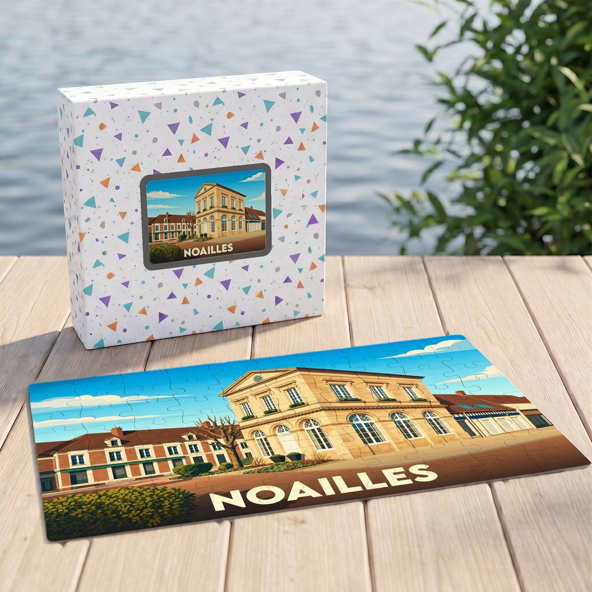Puzzle souvenir de la ville de Noailles avec une illustration stylisée de ses bâtiments.