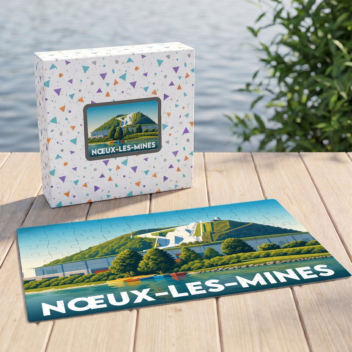 Puzzle souvenir de la ville de Nœux-les-Mines avec une illustration stylisée de son stade de glisse sur l'eau.