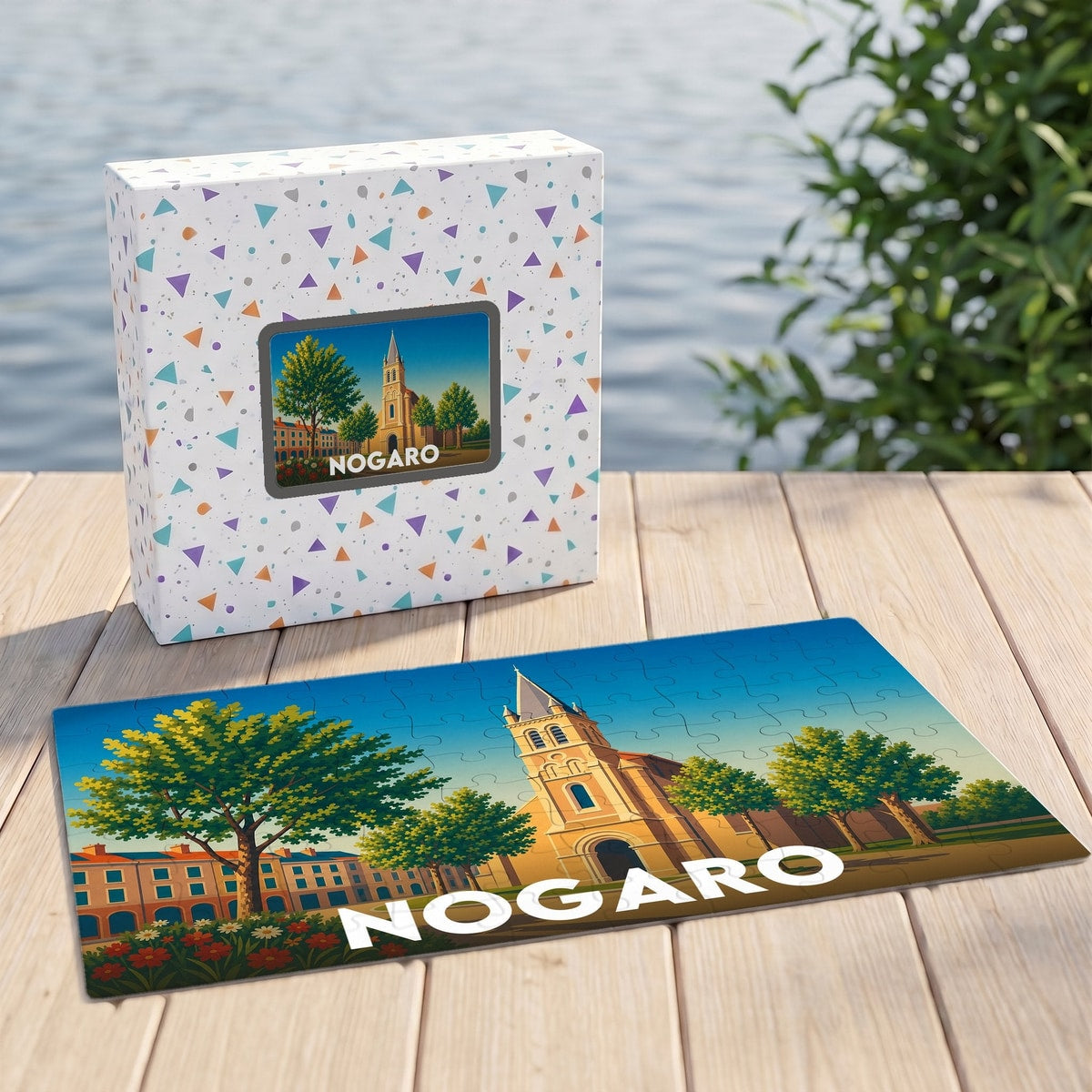 Puzzle souvenir de la ville de Nogaro avec une illustration stylisée d'une église et de son village.