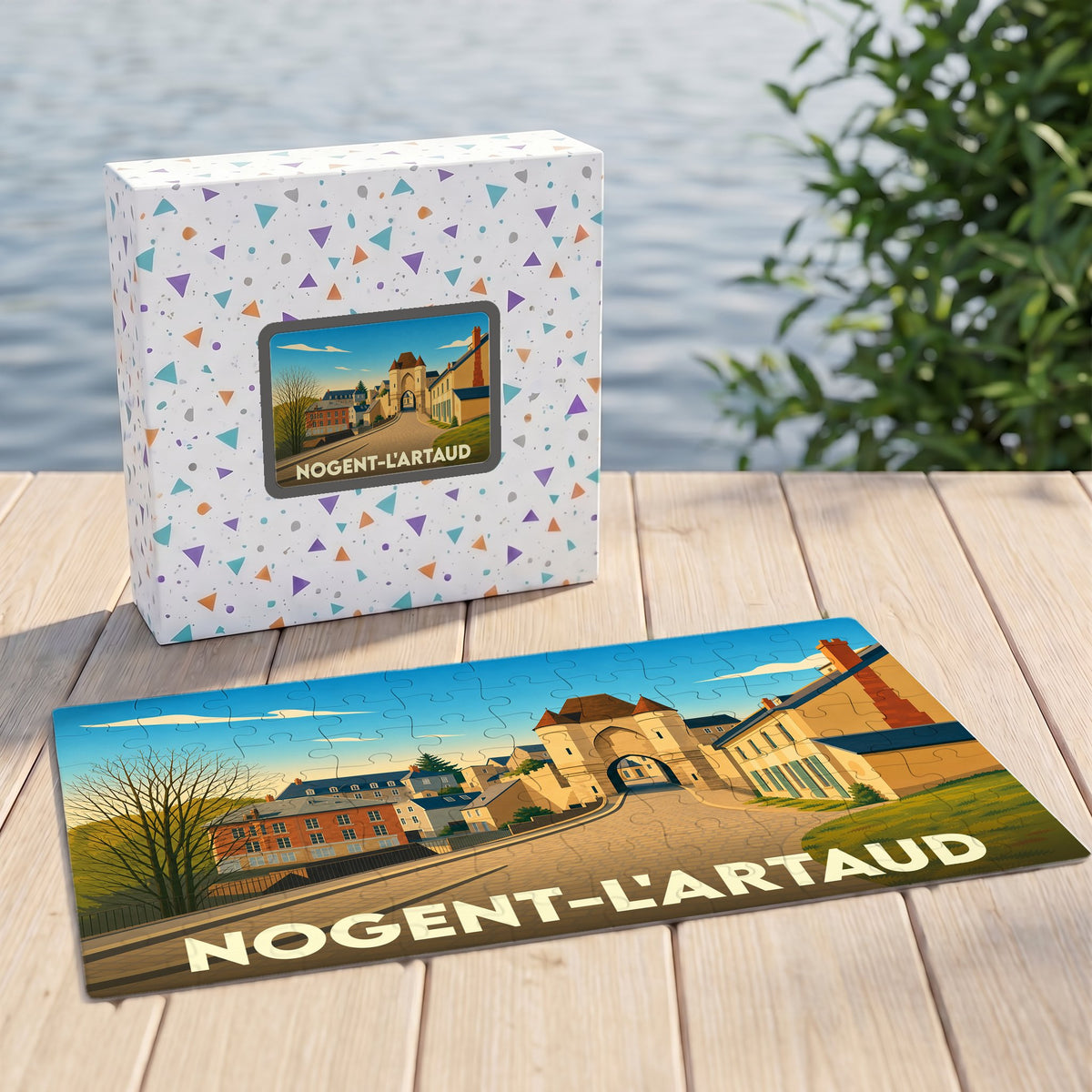 Puzzle souvenir de la ville de Nogent-l'Artaud avec une illustration stylisée et colorée.