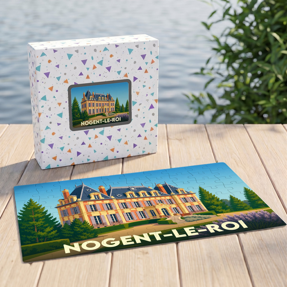 Puzzle souvenir de la ville de Nogent-le-Roi illustrant son château dans un style graphique coloré.