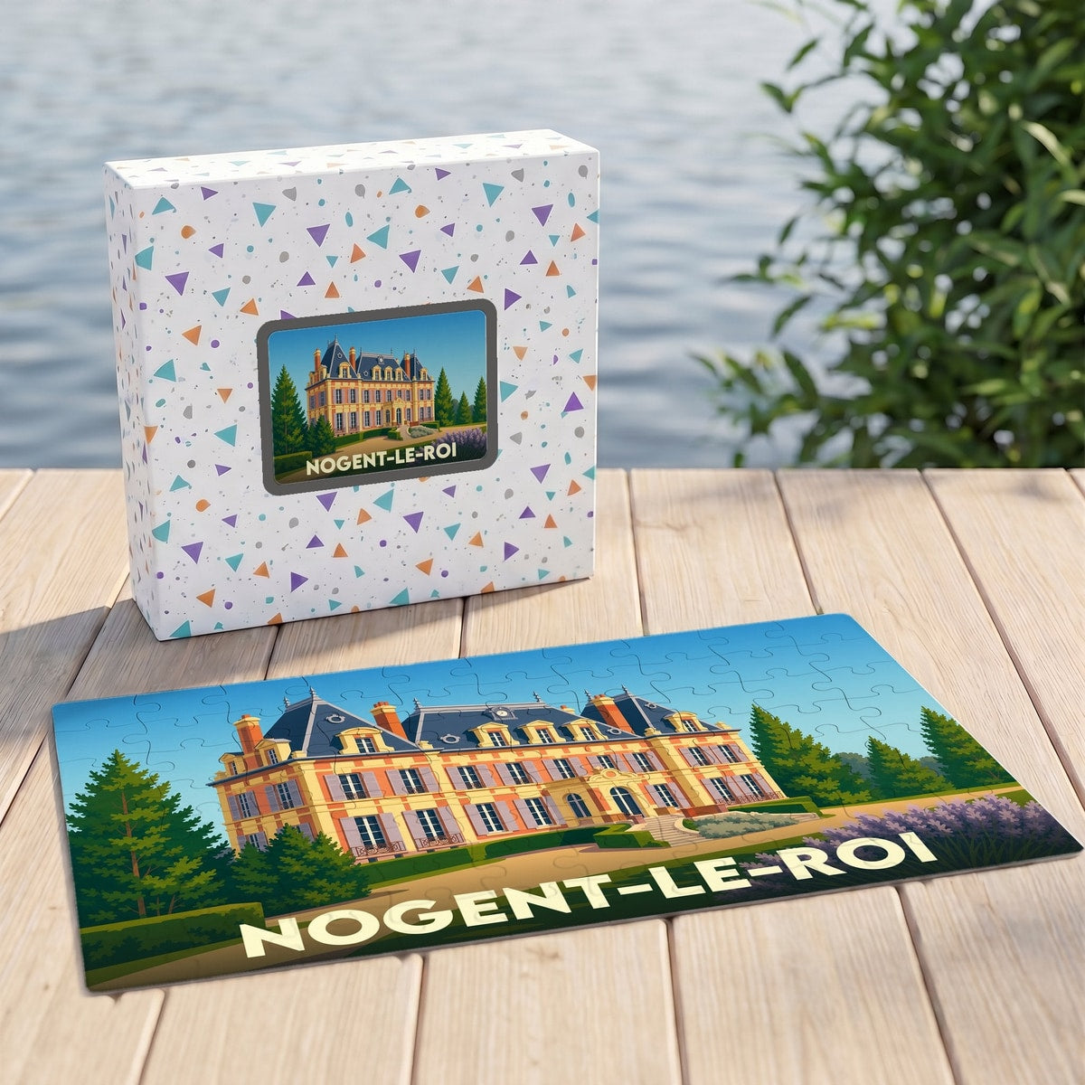Puzzle souvenir de la ville de Nogent-le-Roi illustrant son château dans un style graphique coloré.