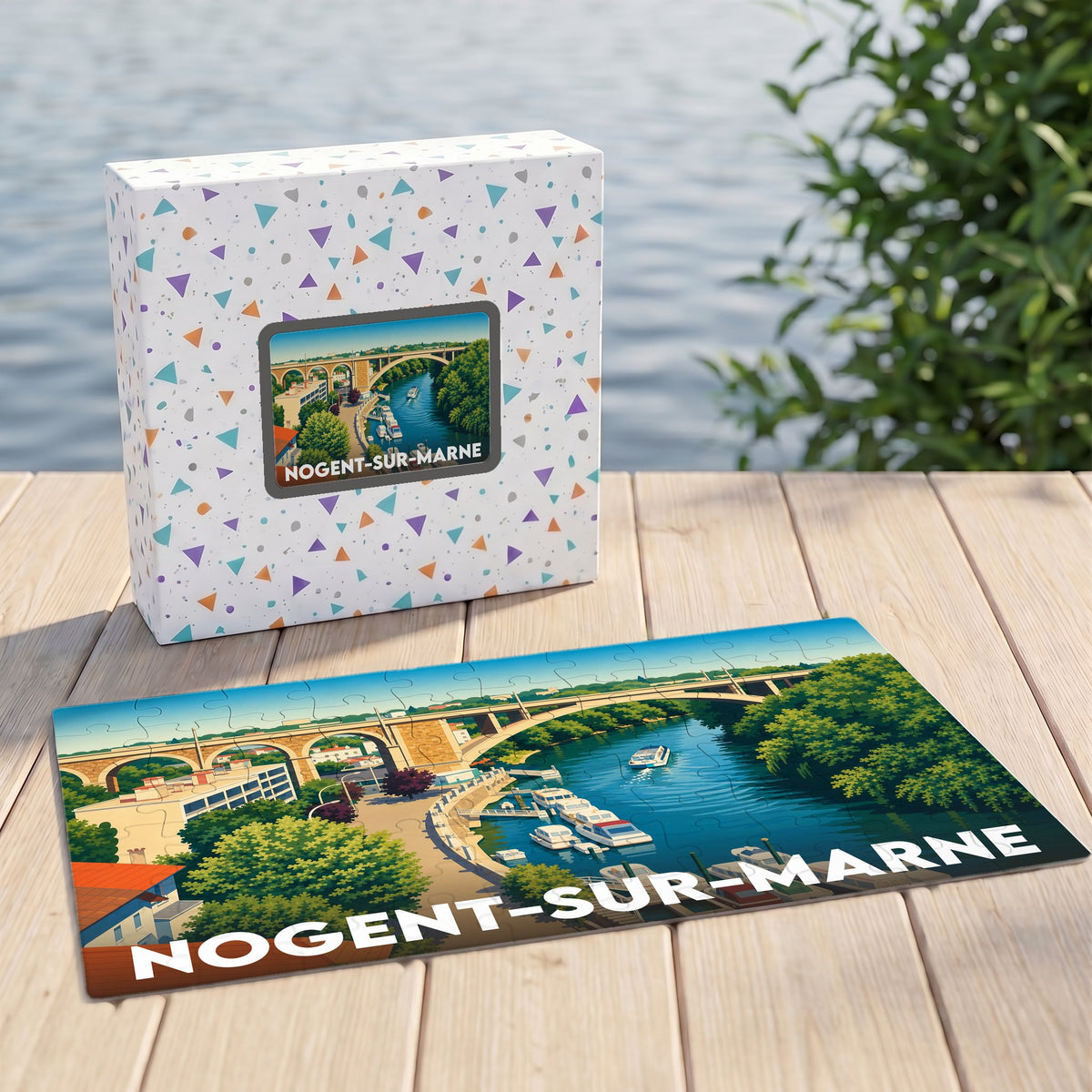 Puzzle souvenir de la ville de Nogent-sur-Marne avec une illustration stylisée des bords de Marne.