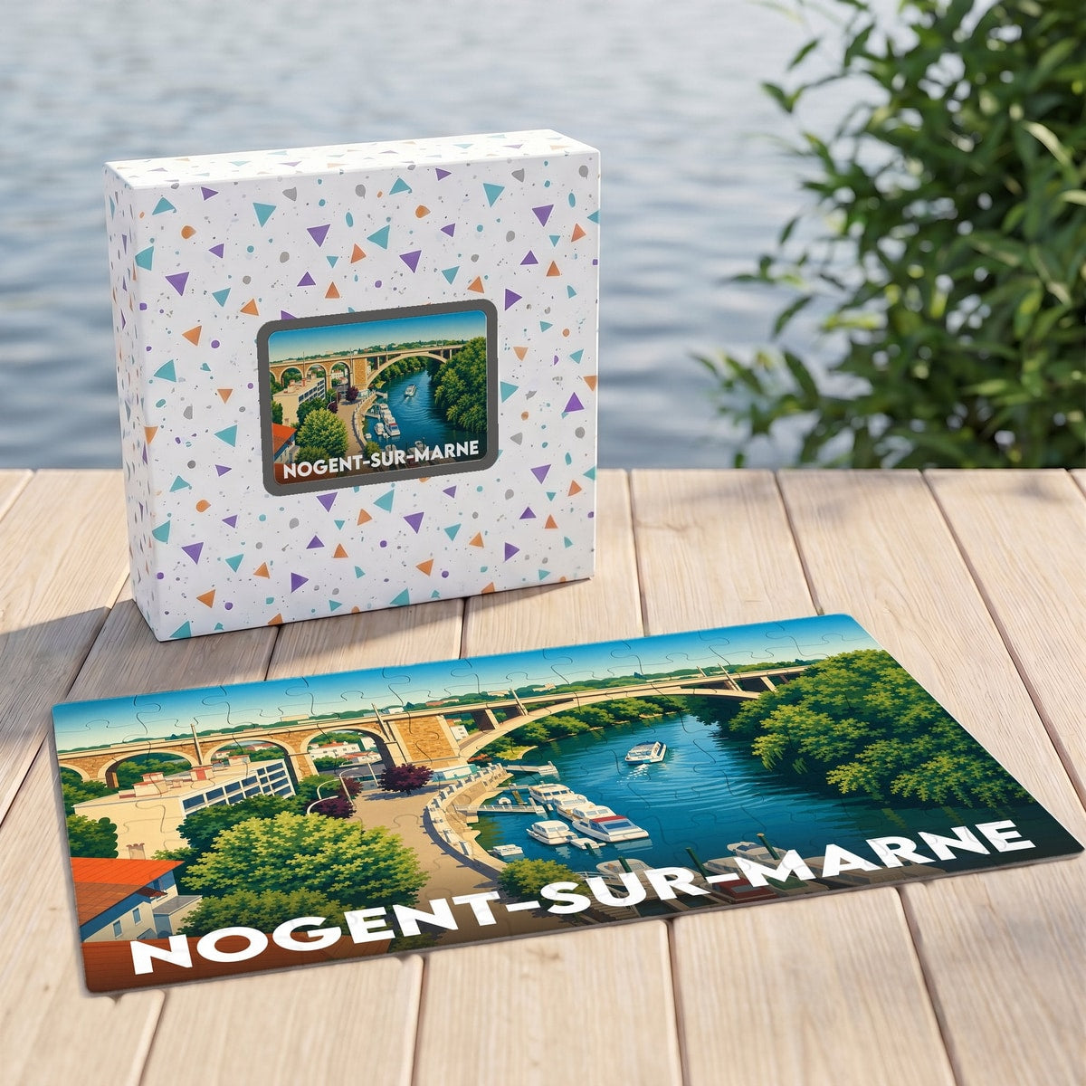 Puzzle souvenir de la ville de Nogent-sur-Marne avec une illustration stylisée des bords de Marne.
