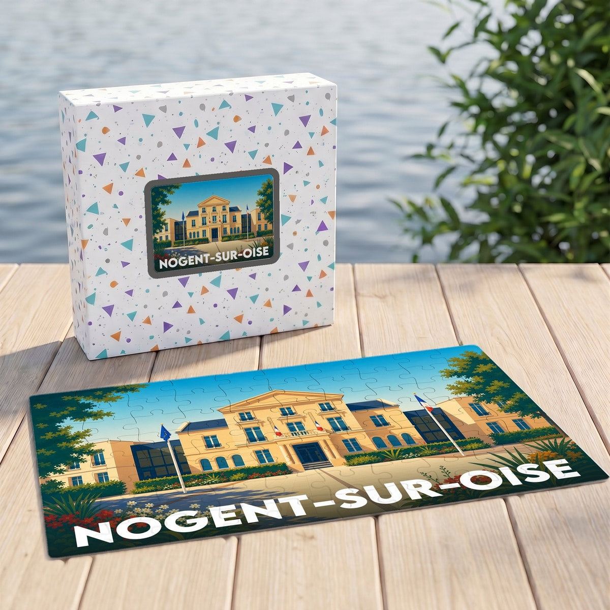 Puzzle souvenir de la ville de Nogent-sur-Oise avec une illustration stylisée de son hôtel de ville.