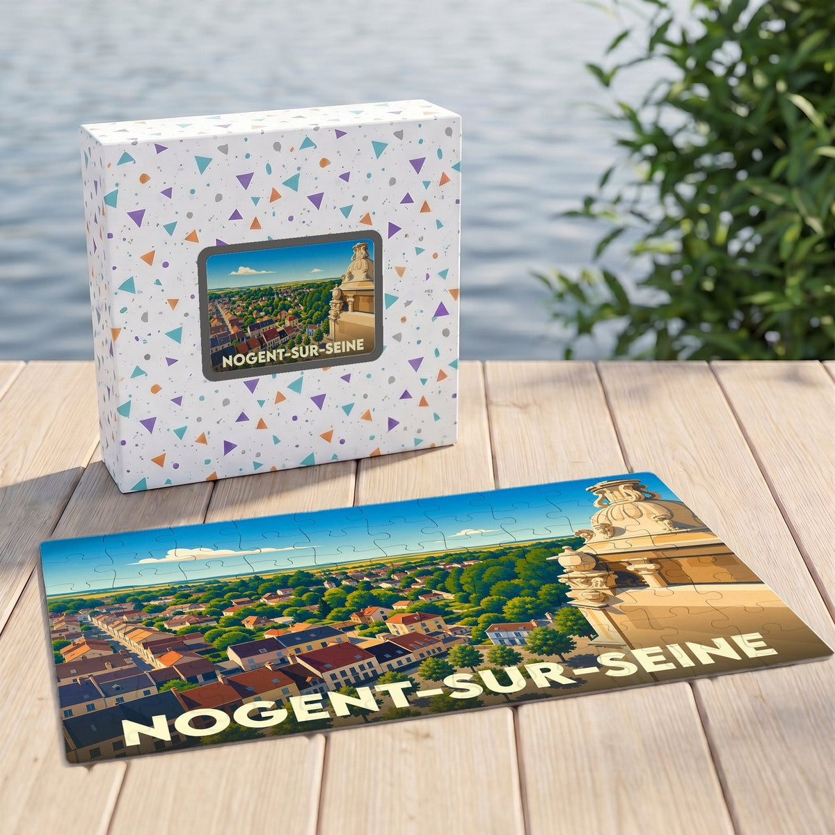 Puzzle souvenir de la ville de Nogent-sur-Seine avec une illustration panoramique stylisée.