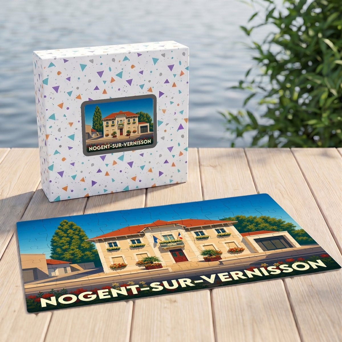 Puzzle souvenir de la ville de Nogent-sur-Vernisson avec son coffret assorti illustrant la mairie dans un style rétro.
