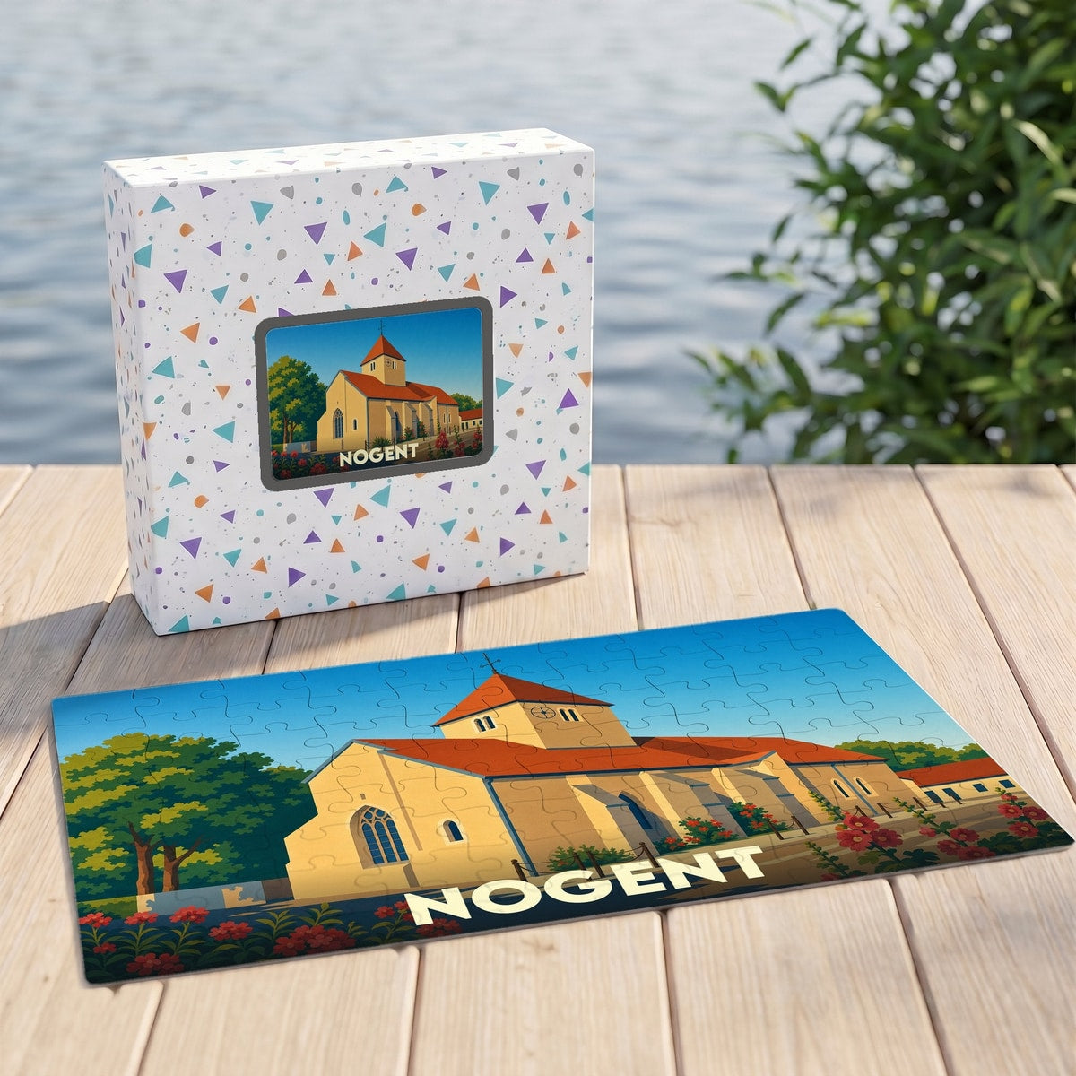Puzzle souvenir de la ville de Nogent avec une illustration stylisée d'une église.