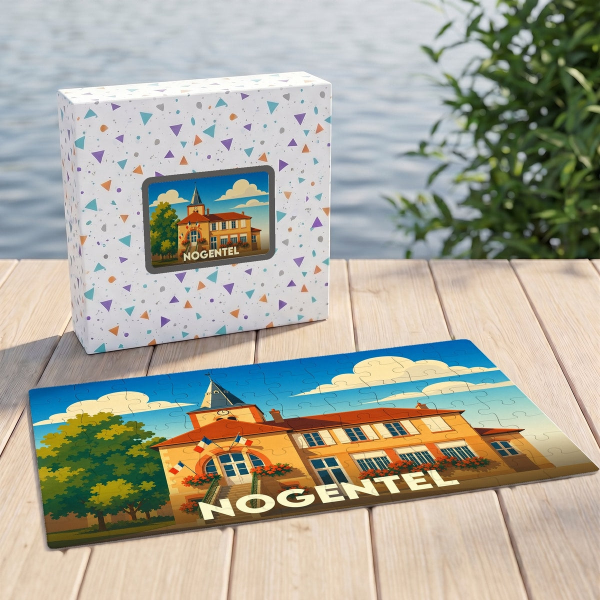 Puzzle souvenir de la ville de Nogentel avec une illustration stylisée et colorée.