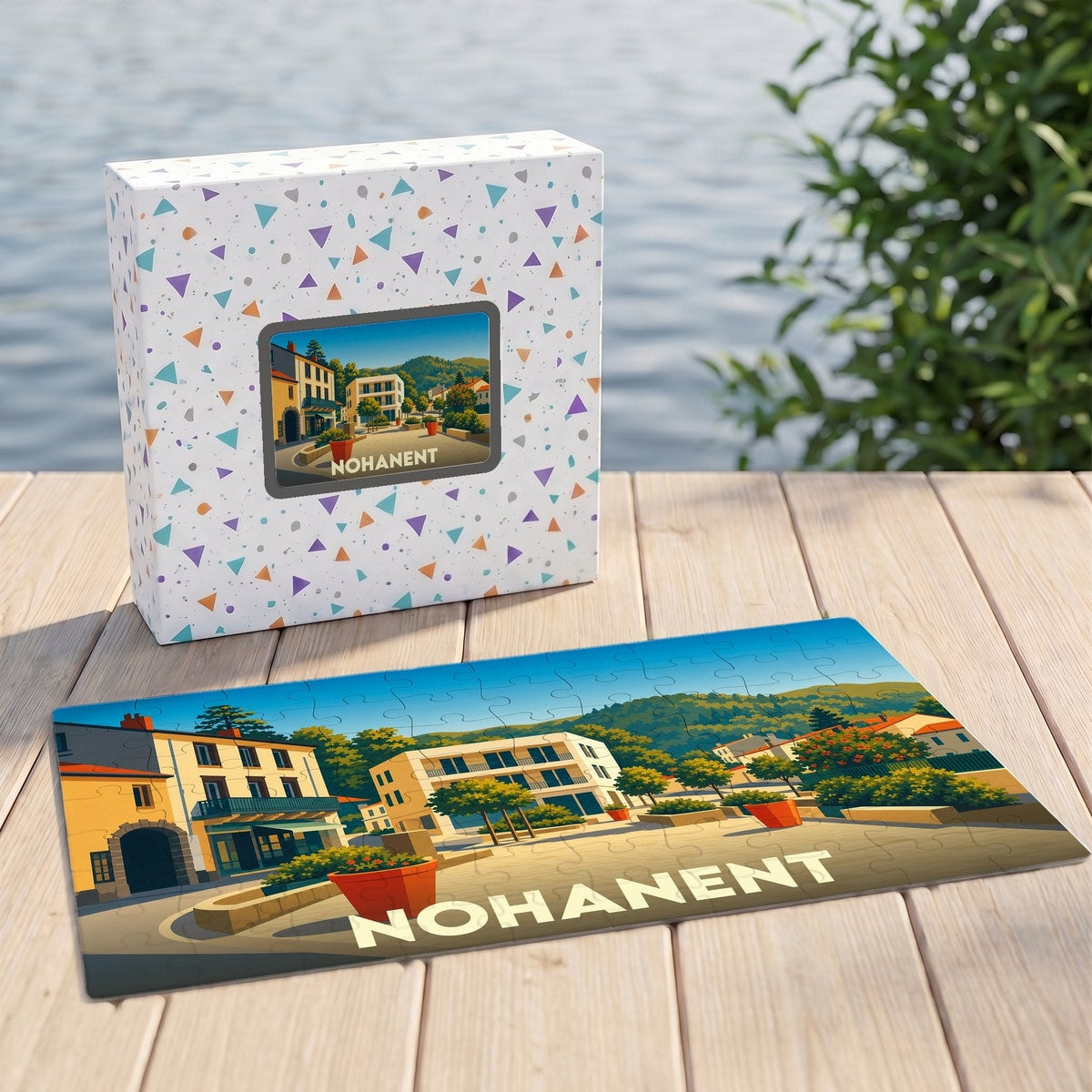 Puzzle souvenir de la ville de Nohanent avec une illustration stylisée et sa boîte assortie.