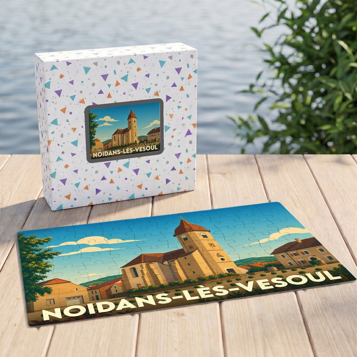 Puzzle souvenir de la ville de Noidans-lès-Vesoul avec une illustration stylisée de son église et de son paysage.