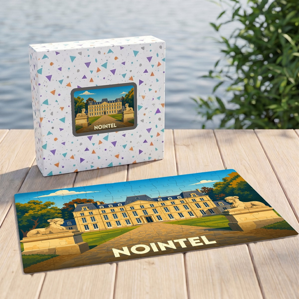 Puzzle souvenir de la ville de Nointel représentant son château dans un style illustré.