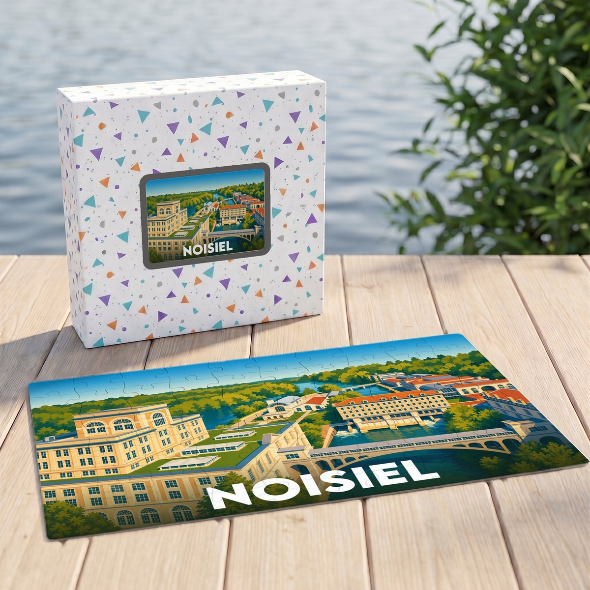 Puzzle souvenir de la ville de Noisiel avec une illustration stylisée et colorée.